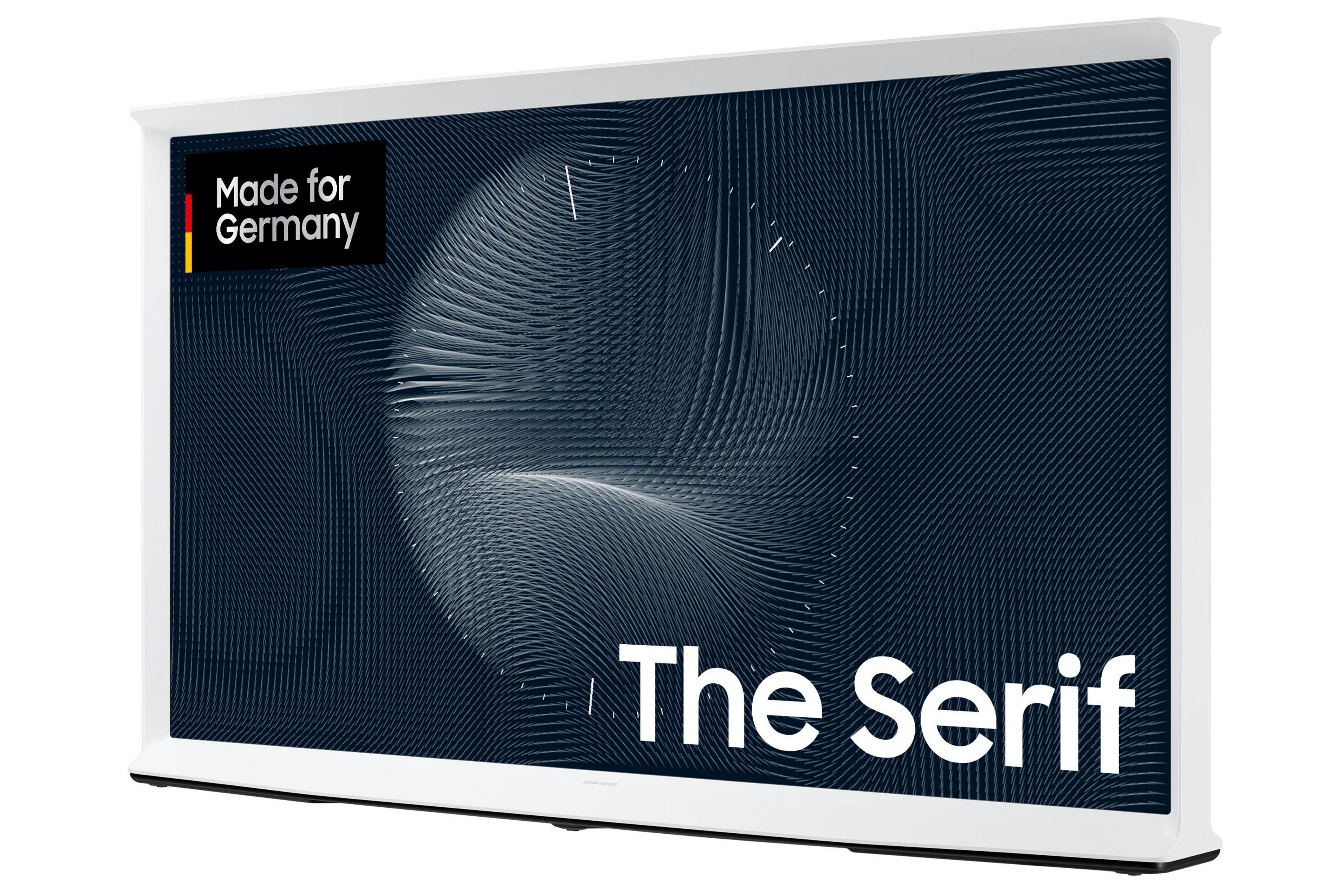 Telewizor w białej ramie z niebiesko-białym wzorem. Tekst: 'The Serif'.