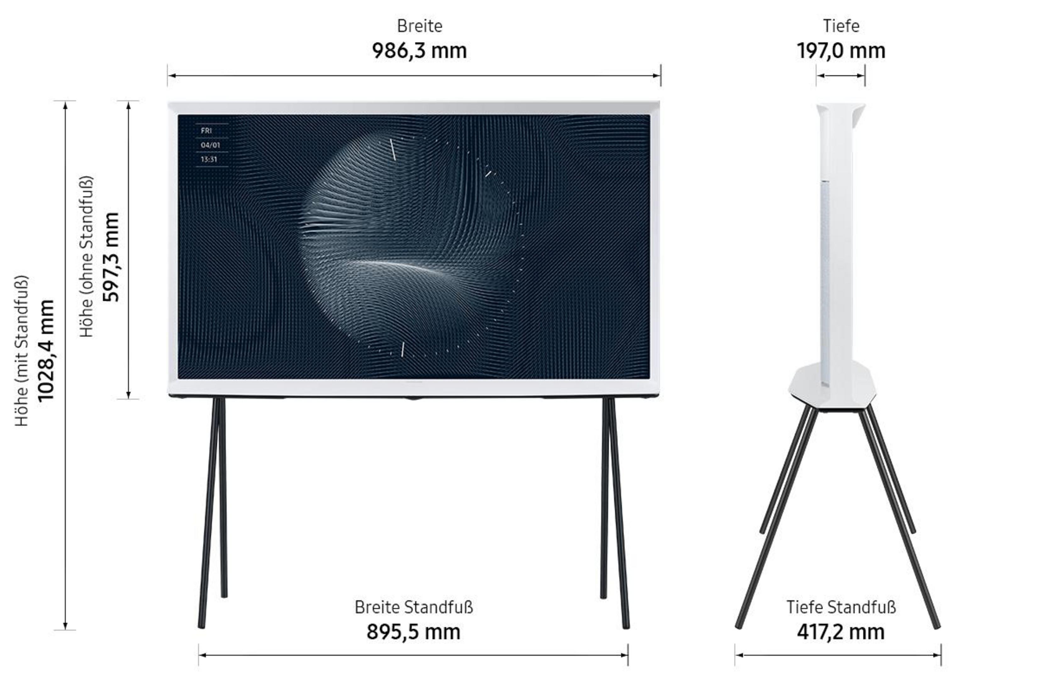 Biały telewizor na czarnym stojaku z wymiarami, czarne nogi. Tło jest białe.