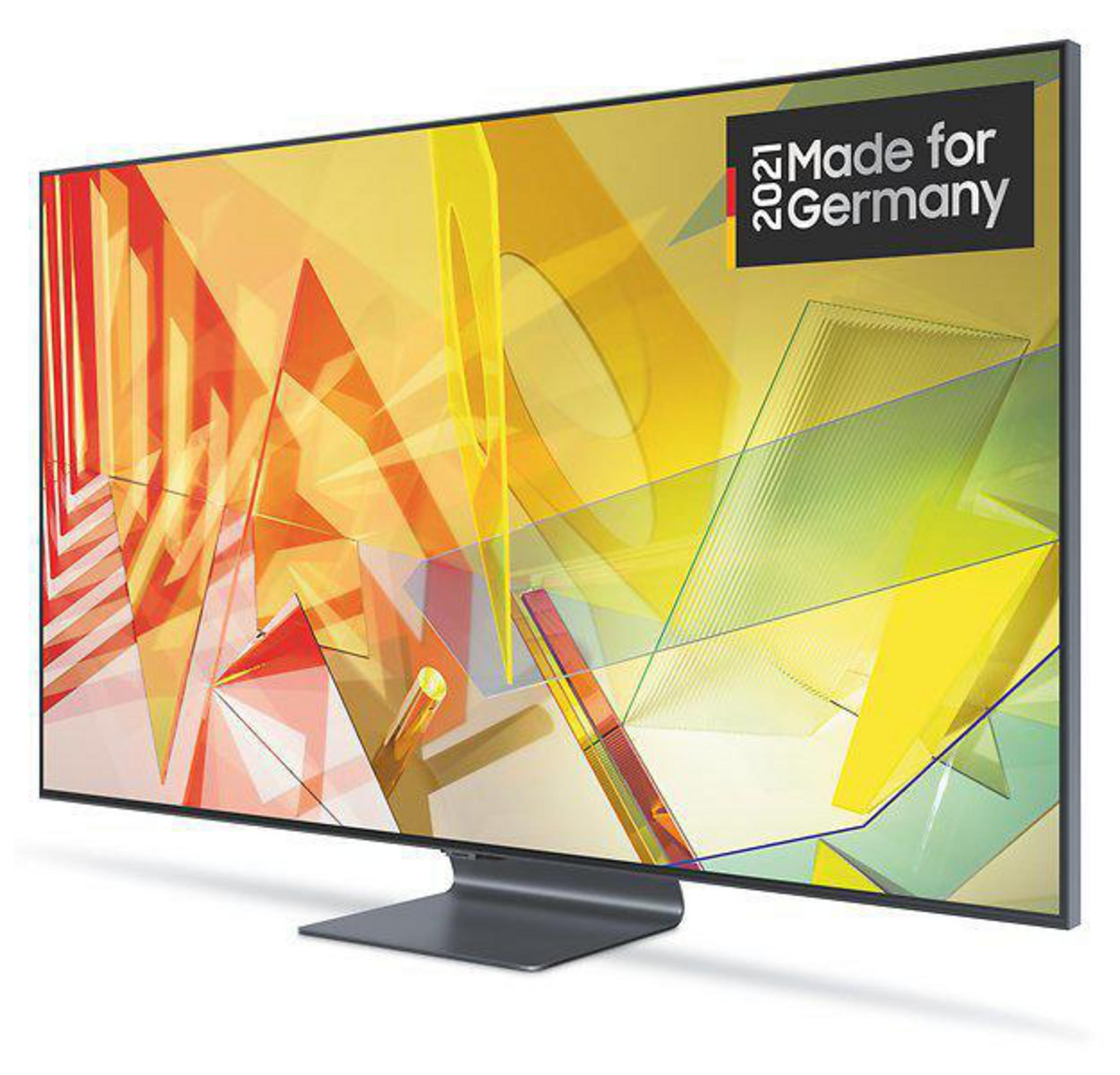 Ekran telewizora wyświetlający żółty abstrakcyjny wzór i tekst Made for Germany.