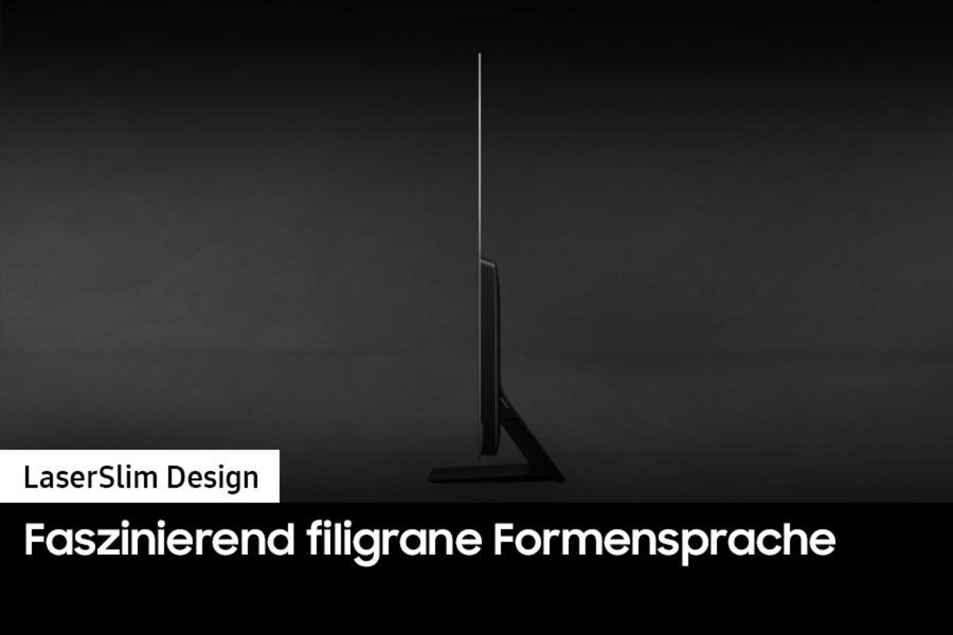 Widok z boku smukłego czarnego telewizora z tekstem LaserSlim Design i Faszinierend filigrane Formensprache.