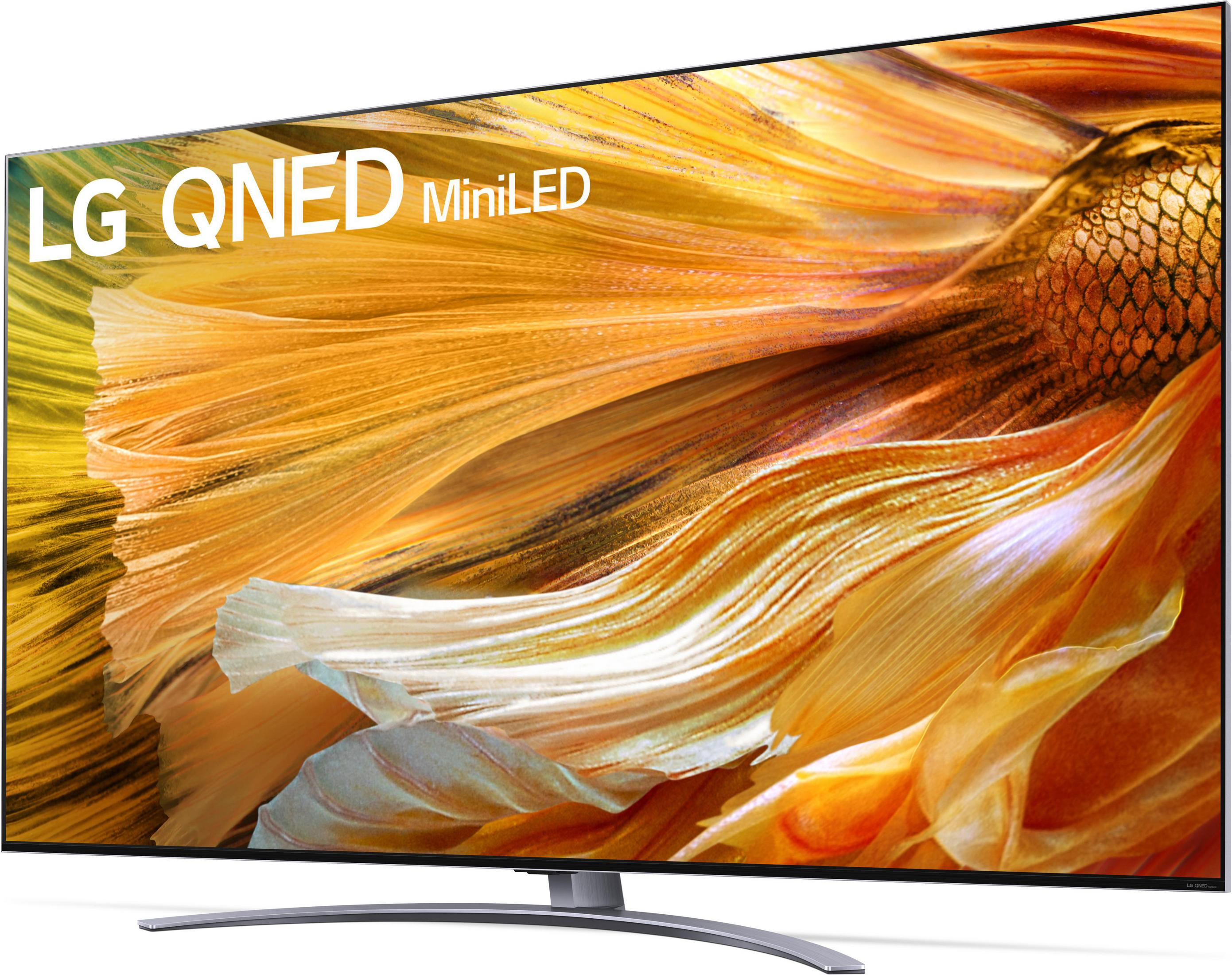 Telewizor LG QNED MiniLED wyświetla kolorowy abstrakcyjny obraz. Zakrzywiona podstawa. Widoczne logo 'LG QNED MiniLED'.