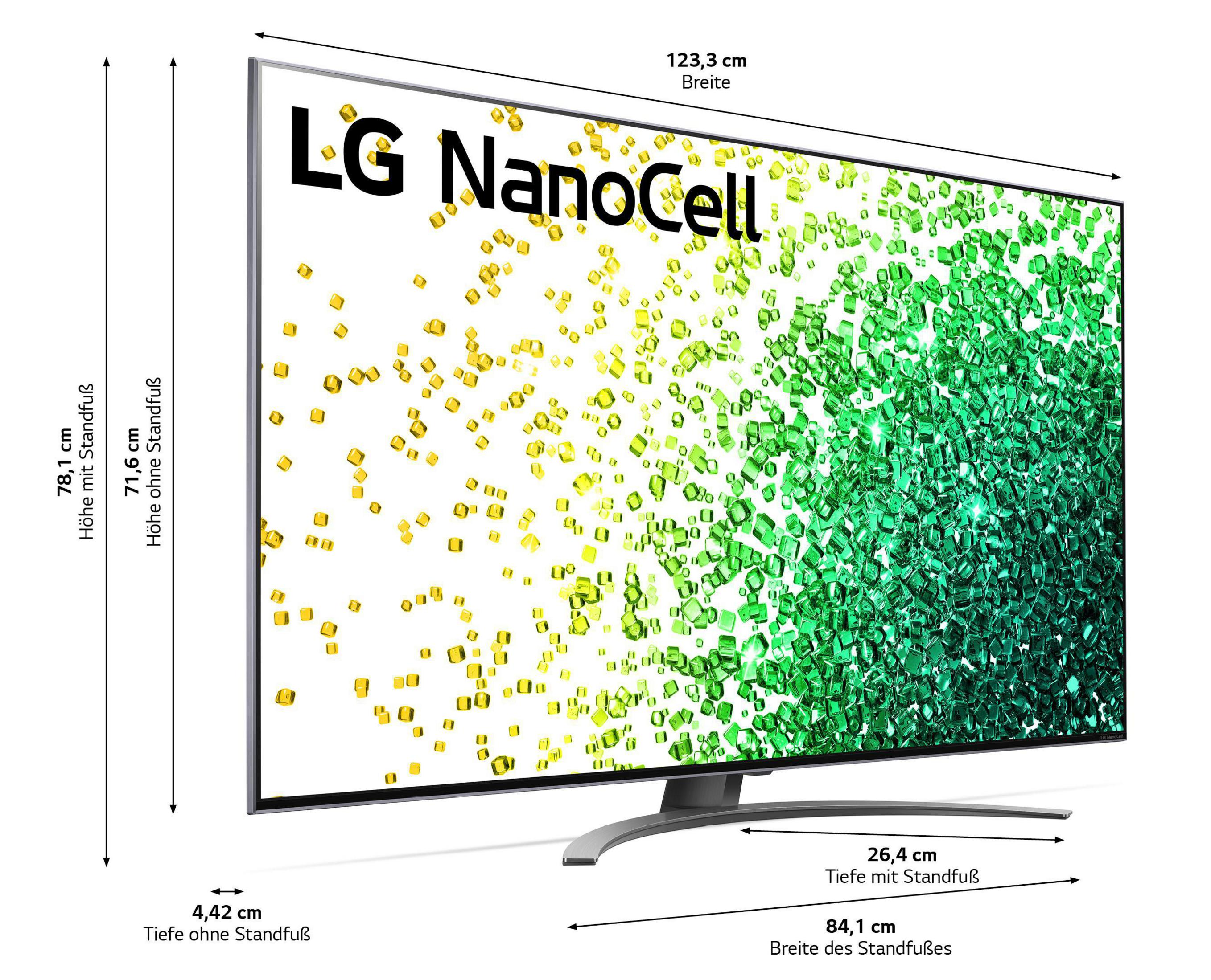 Telewizor LG NanoCell z etykietami wymiarów. Ekran z kolorowymi kształtami. Białe tło.