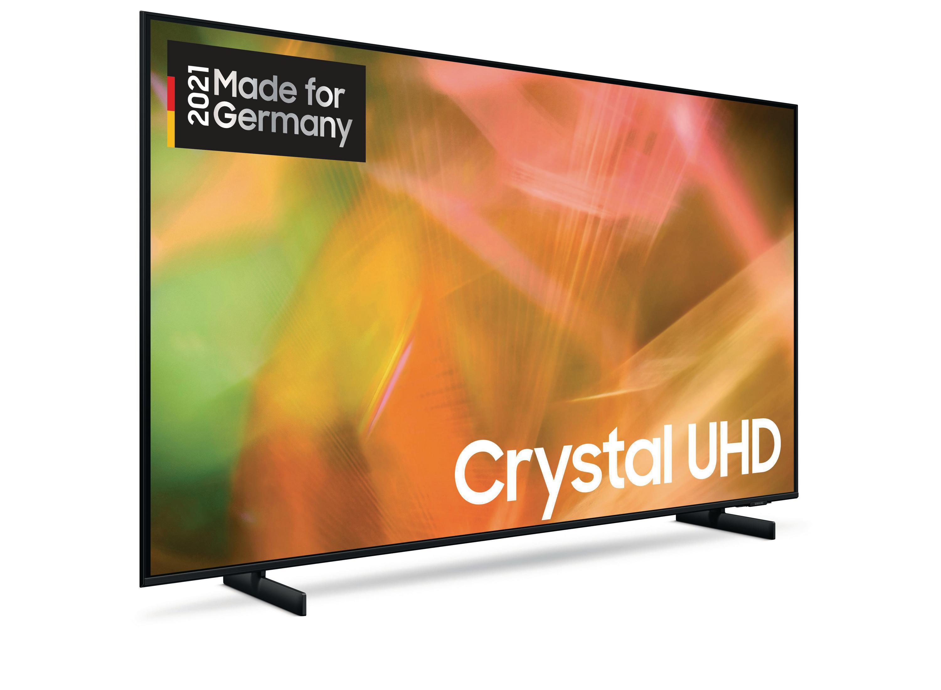 Telewizor Samsung Crystal UHD na białym tle, z etykietą 'Made for Germany'.