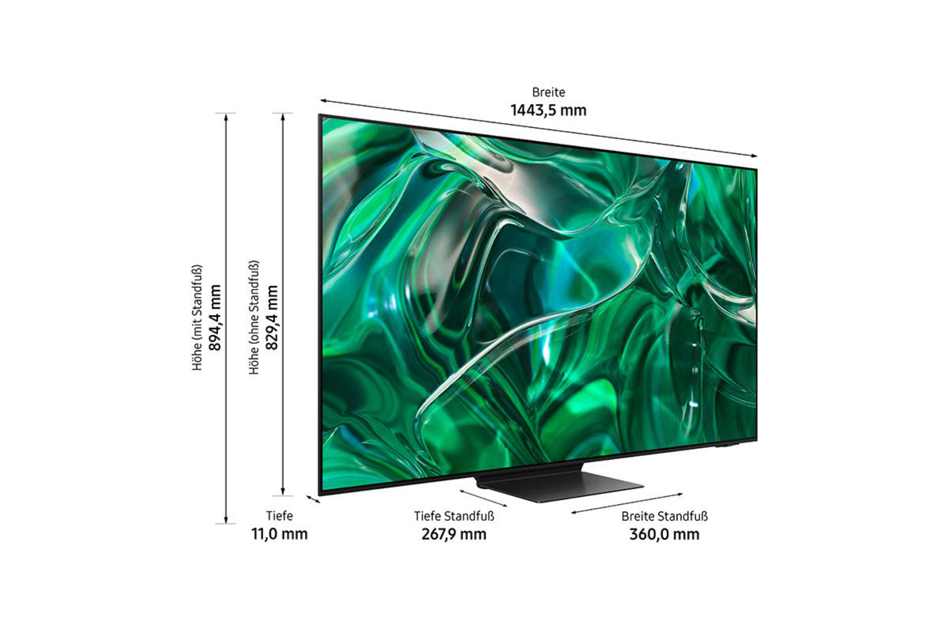 Telewizor na stojaku, pokazane wymiary. Zielono-biały wzór ekranu. Czarna ramka.