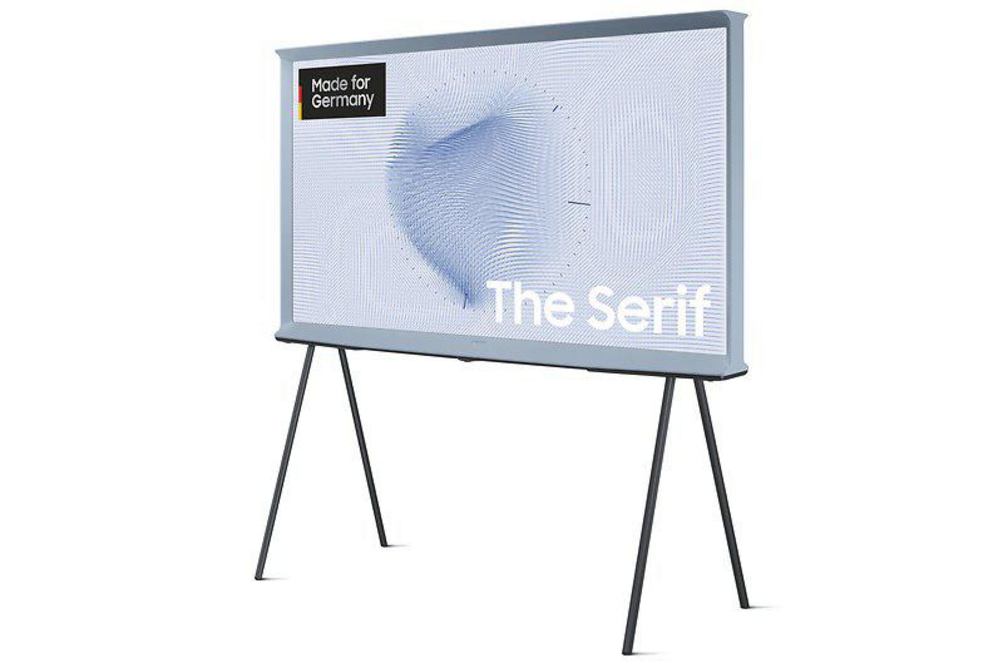Telewizor Samsung 'The Serif' na stojaku, z niebiesko-białym abstrakcyjnym wzorem.