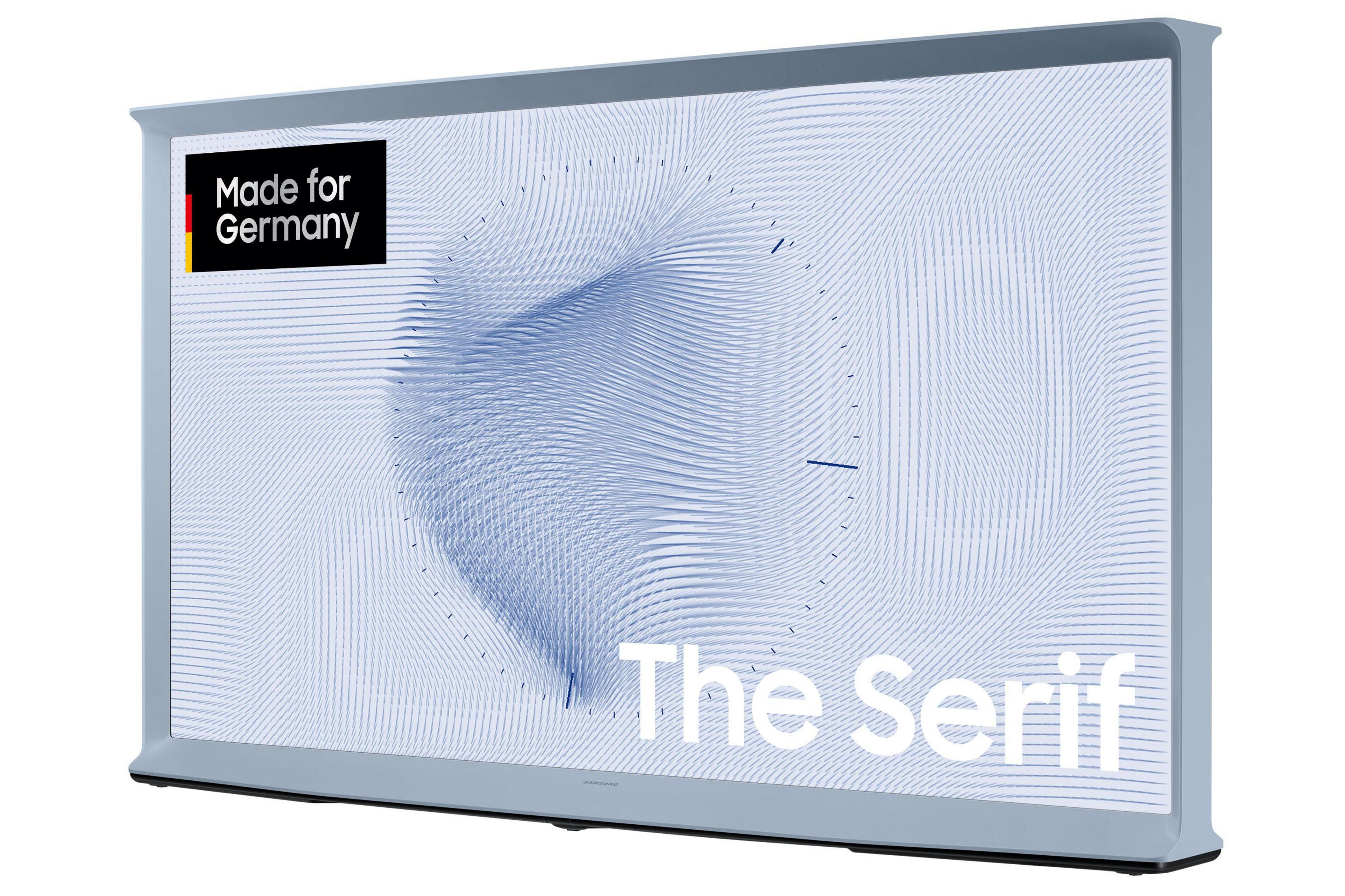 Niebieski telewizor z białym ekranem pokazujący wzór, z logo 'Made for Germany'.