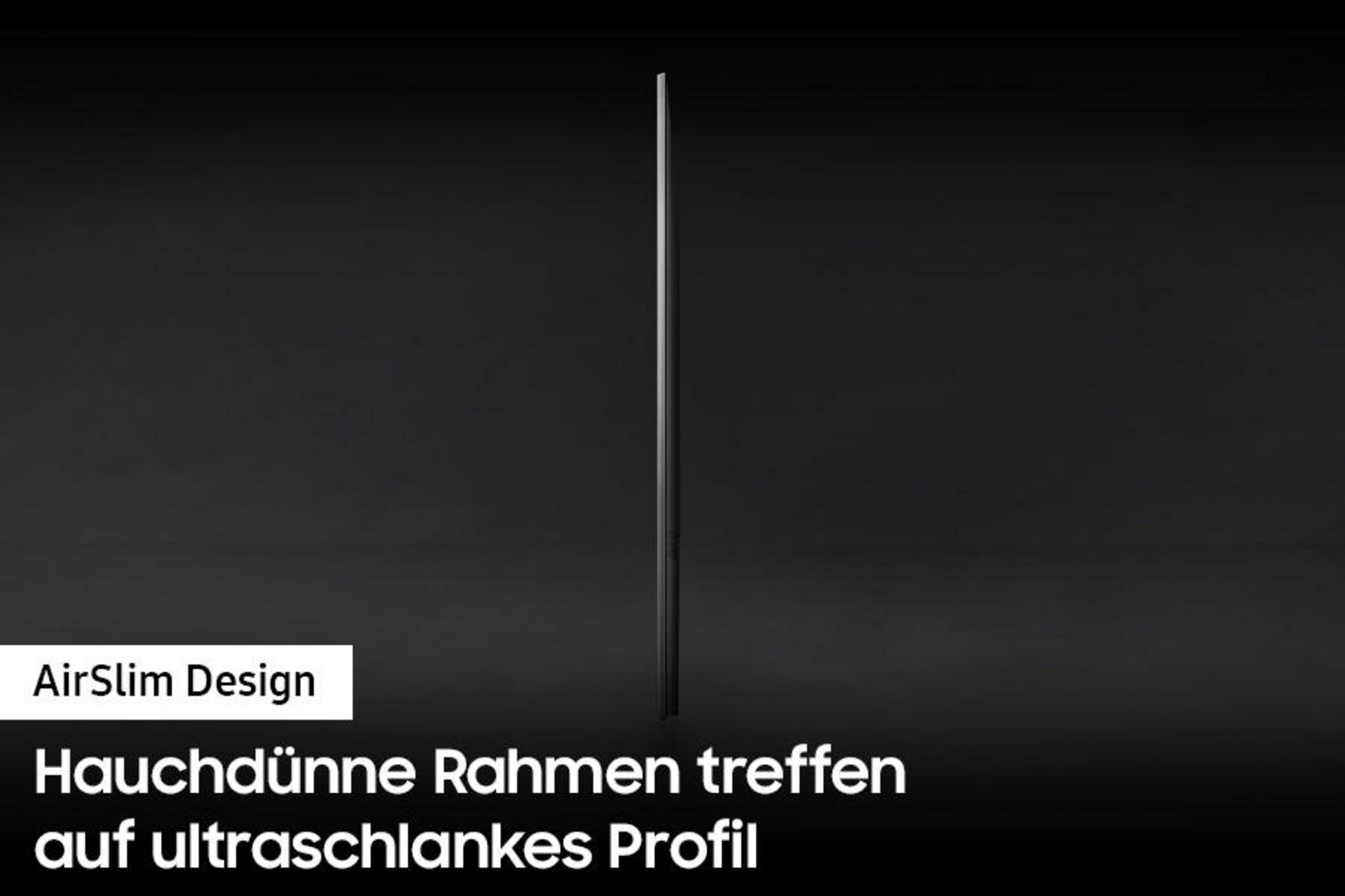 Widok z boku telewizora pokazujący smukłą konstrukcję z tekstem "AirSlim Design".