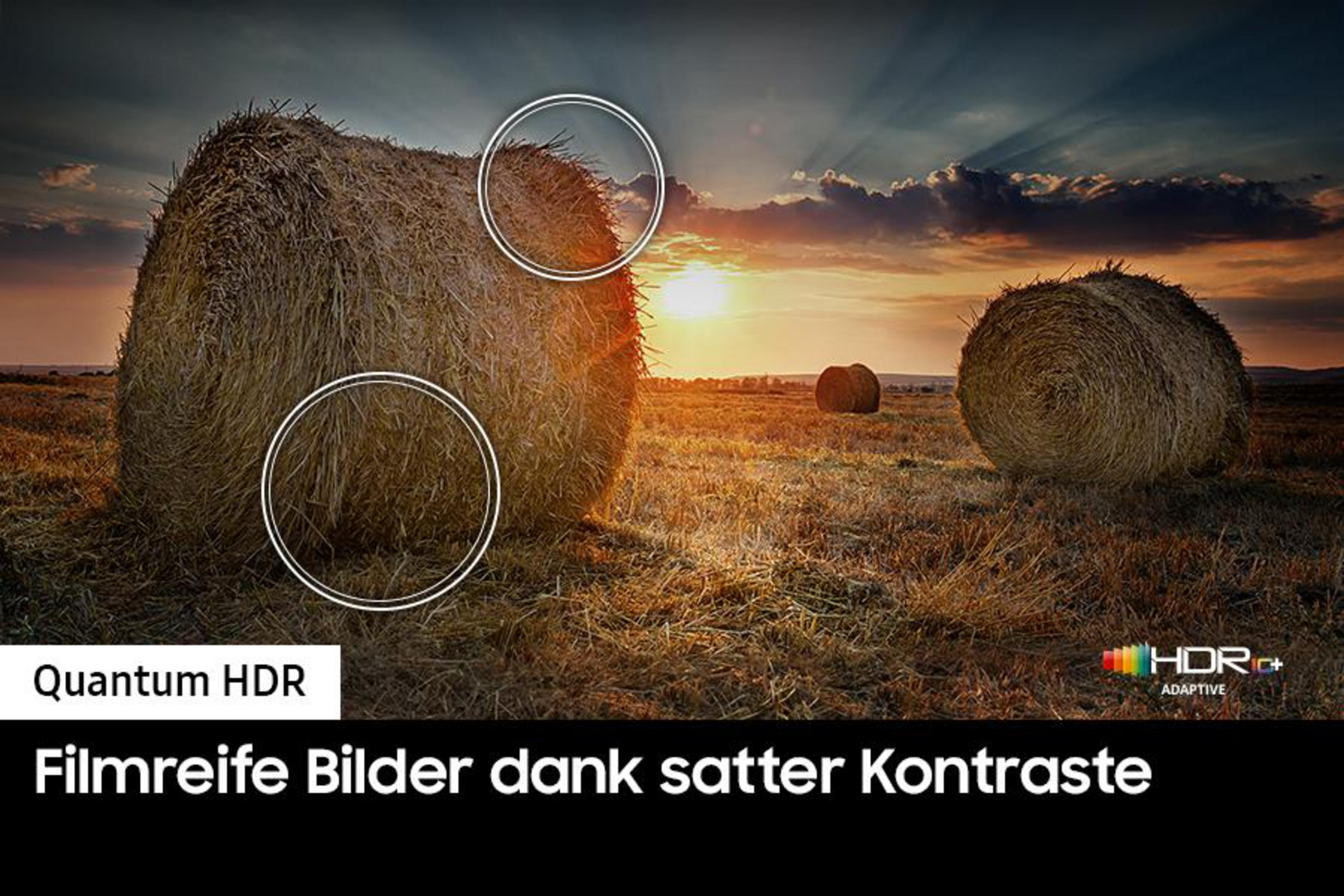 Bale siana na polu o zachodzie słońca. Okręgi podkreślają szczegóły, z tekstem o Quantum HDR i kontraście.