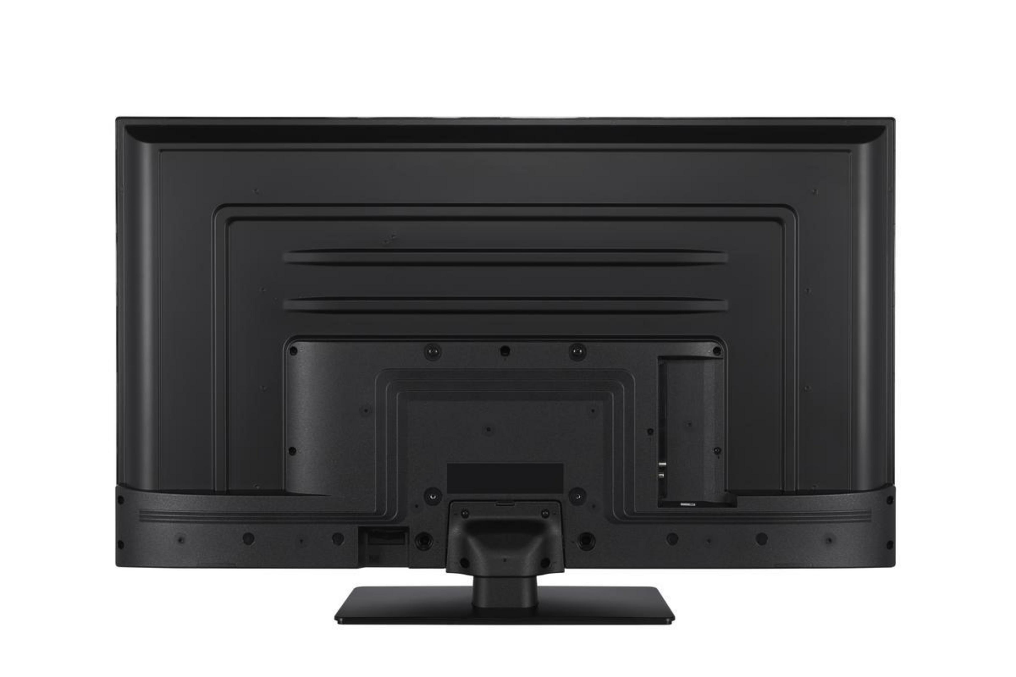 Retro di una TV nera con connettori e supporto, isolata su sfondo bianco.