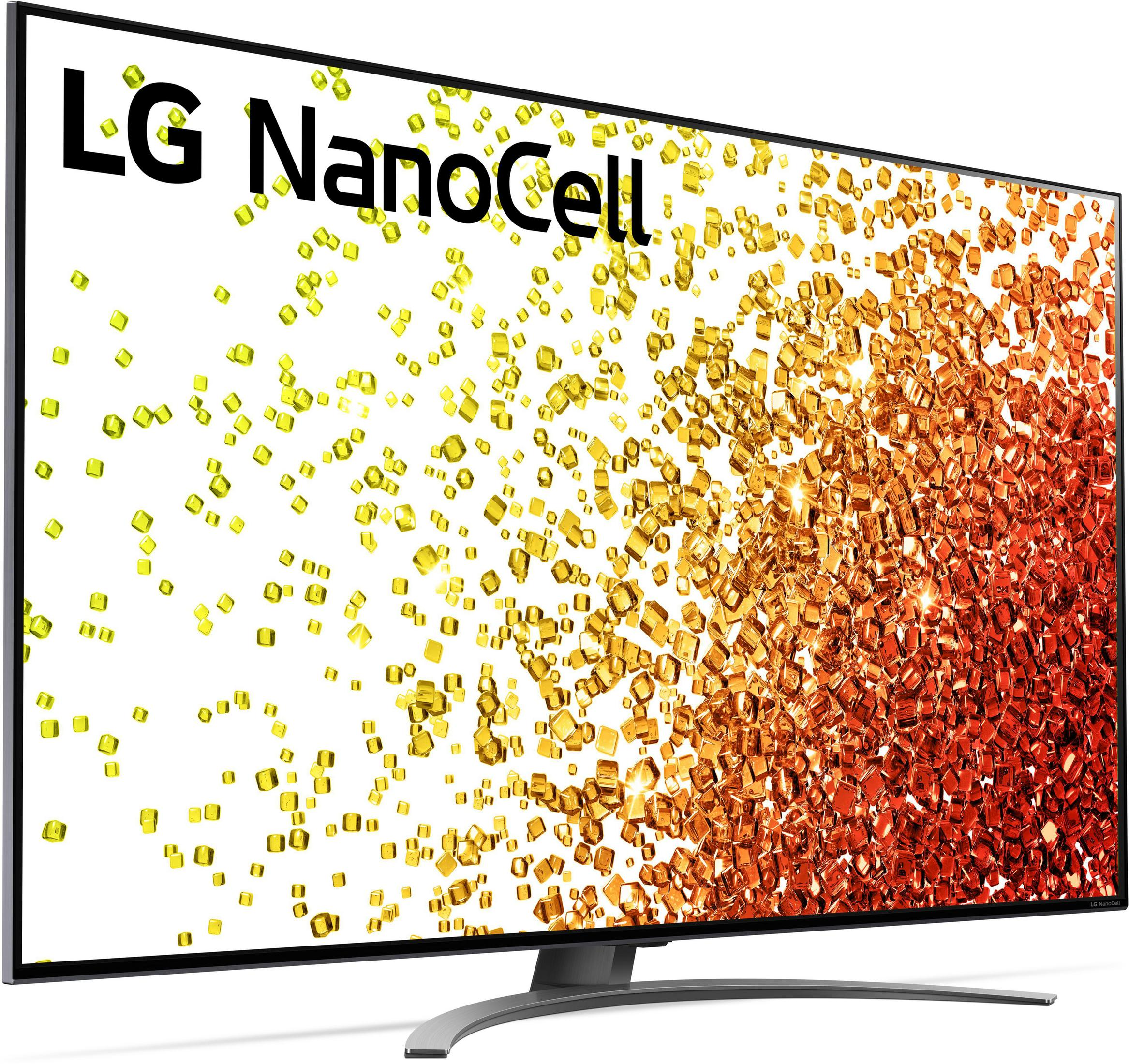 Telewizor LG NanoCell wyświetla kolorowy obraz z żółtymi i czerwonymi kwadratami na białym tle.