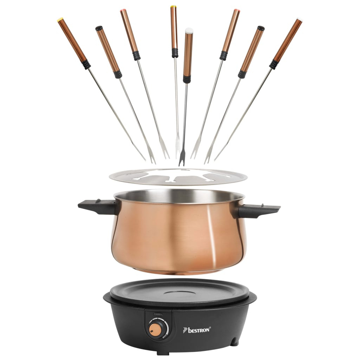Fondue-Set. Kupfertopf auf schwarzem Sockel mit Gabeln darüber.