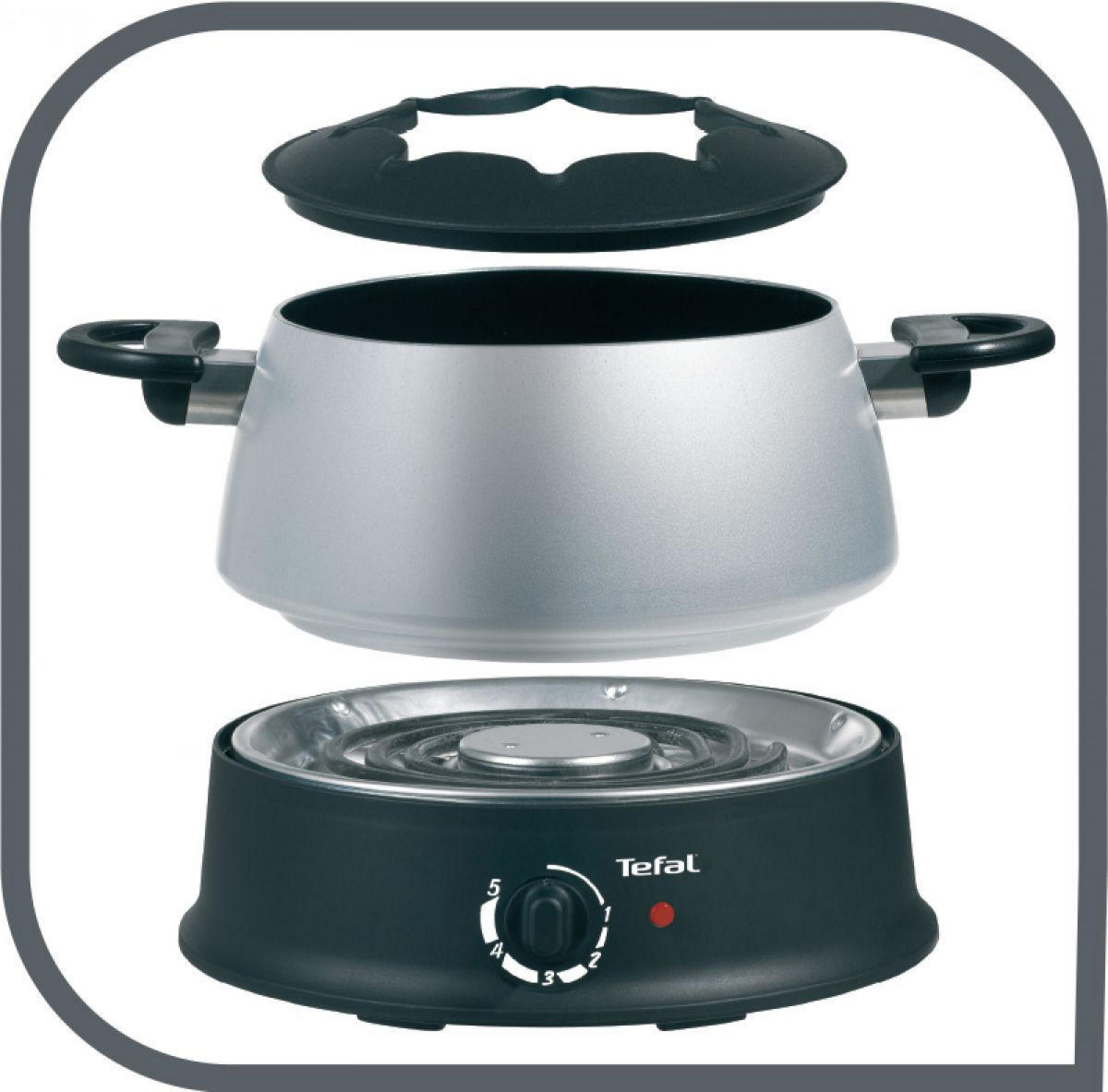 Widok rozłożony zestawu do fondue Tefal. Zawiera garnek, pokrywkę i element grzejny z pokrętłem temperatury.