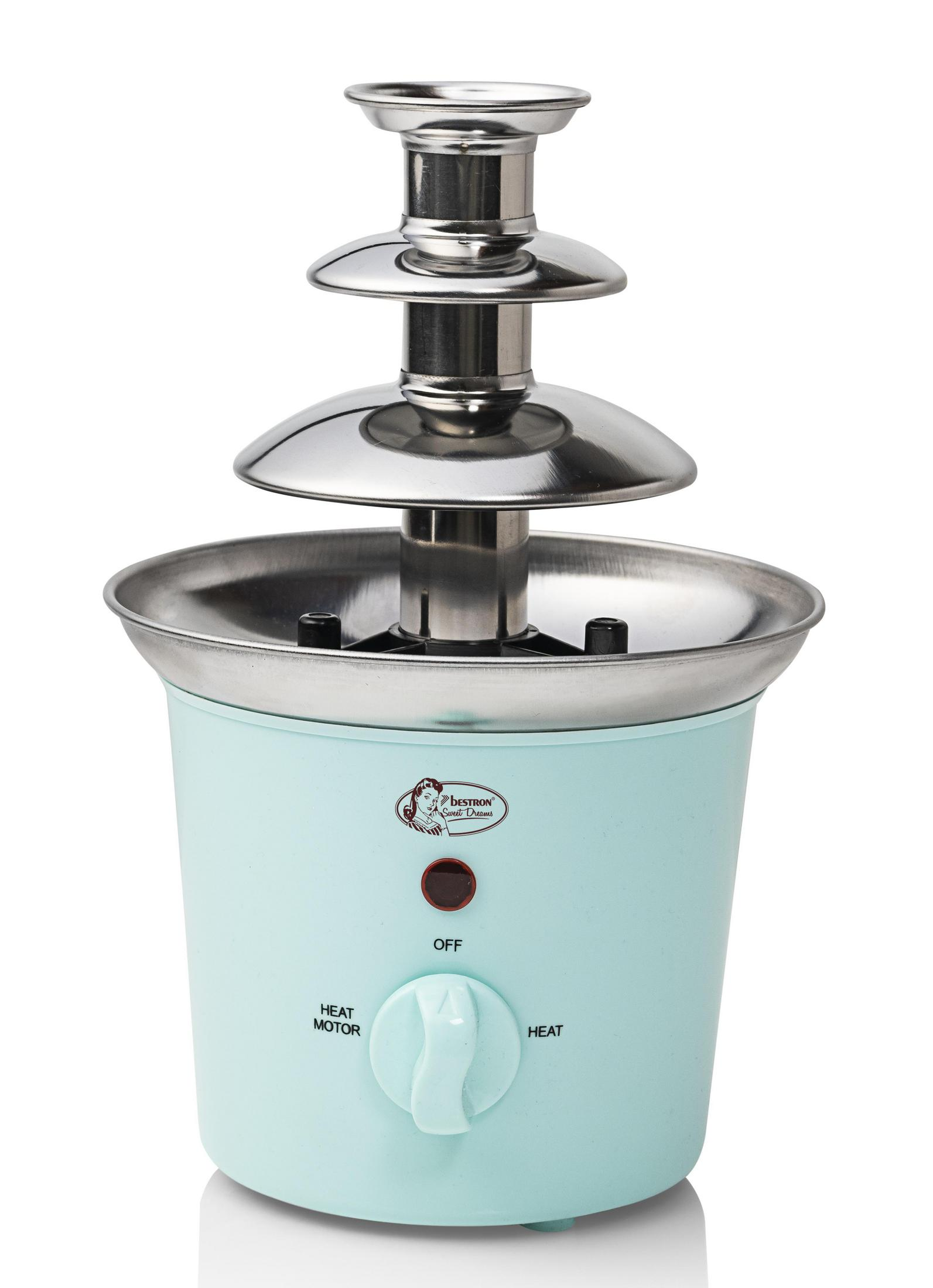 Fontana di cioccolato, azzurro, acciaio inox.