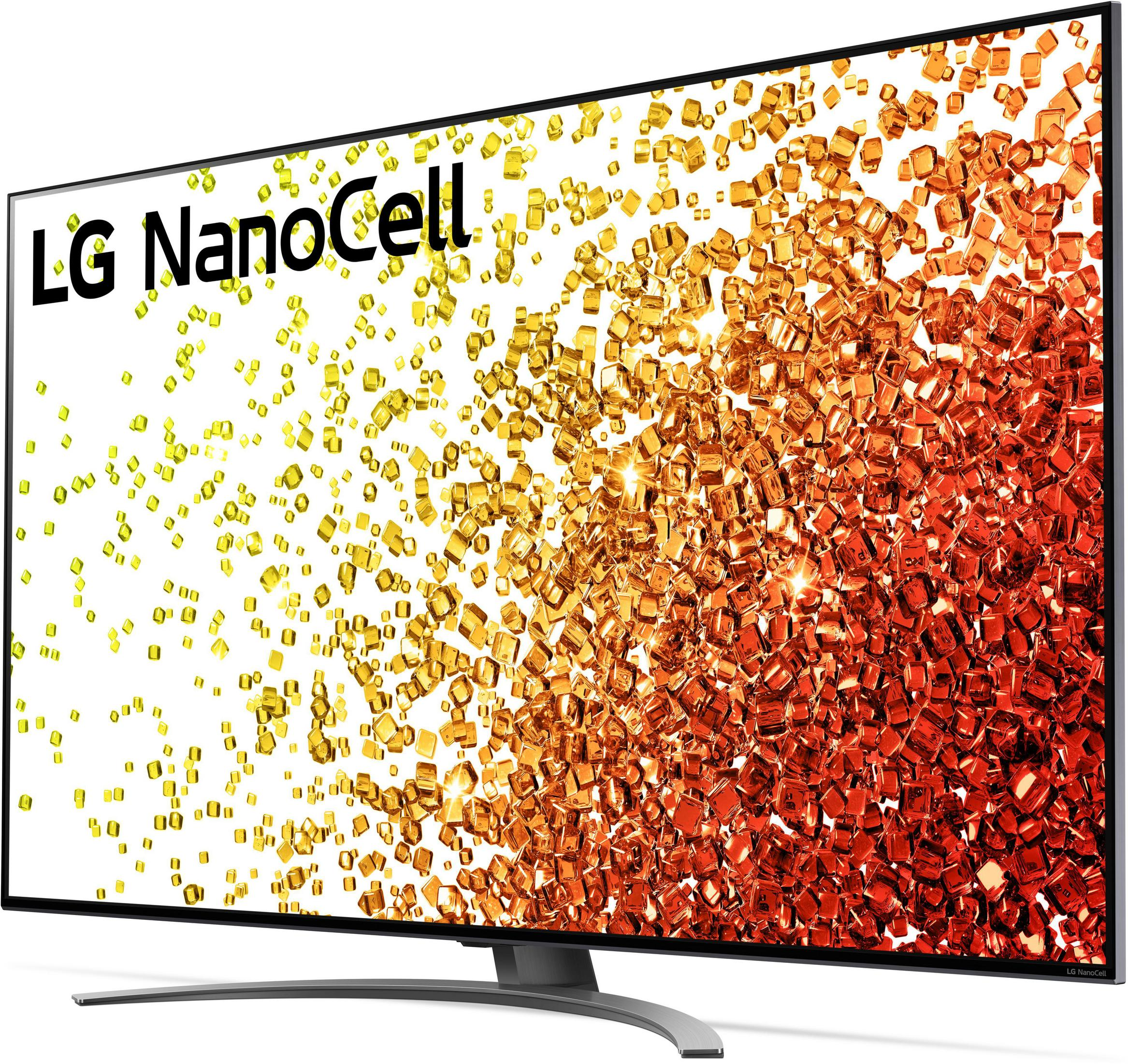 Telewizor LG Nanocell wyświetlający kolorowe, abstrakcyjne kształty w kolorze pomarańczowym i żółtym.