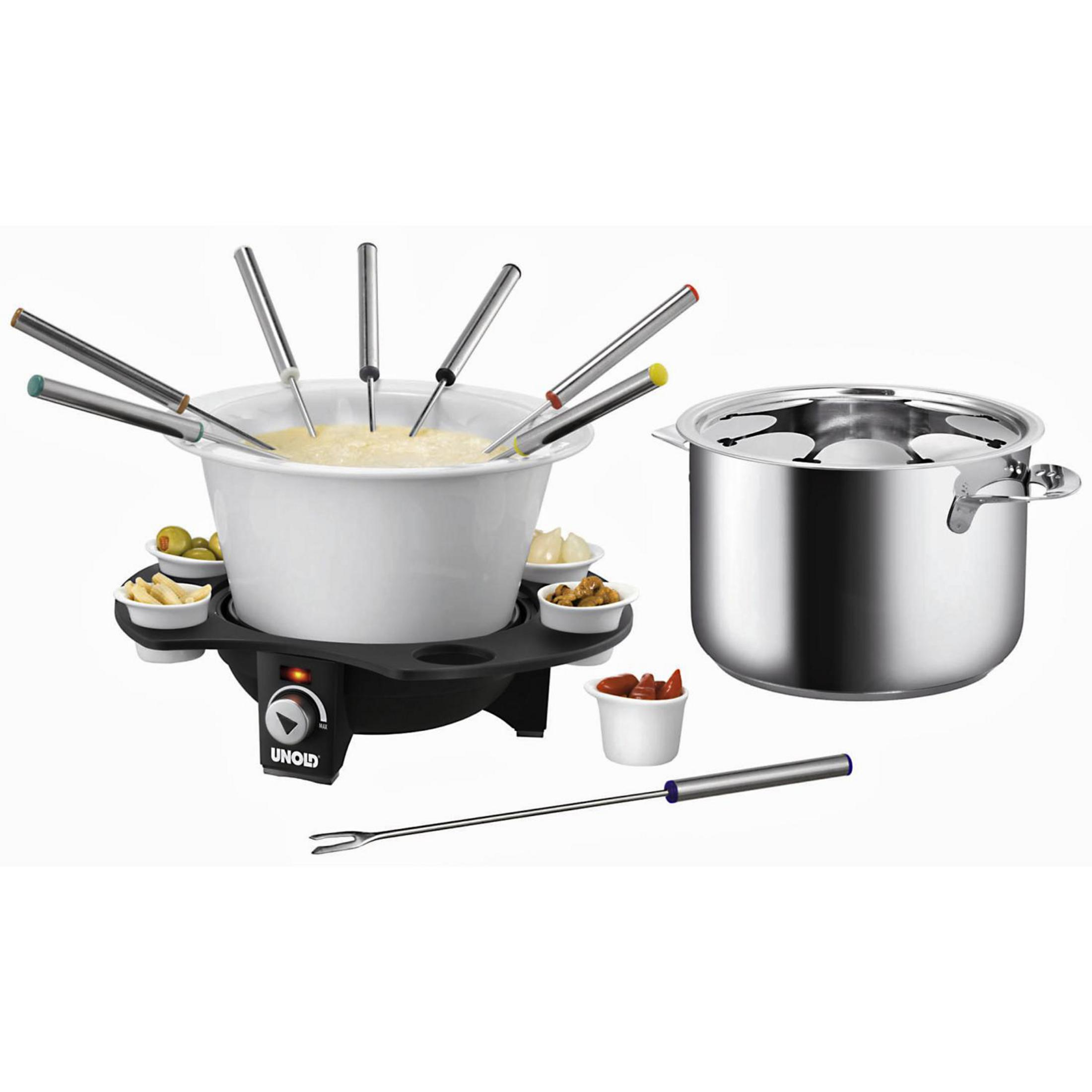 Zestaw do fondue z jedzeniem, widelcami i garnkiem.