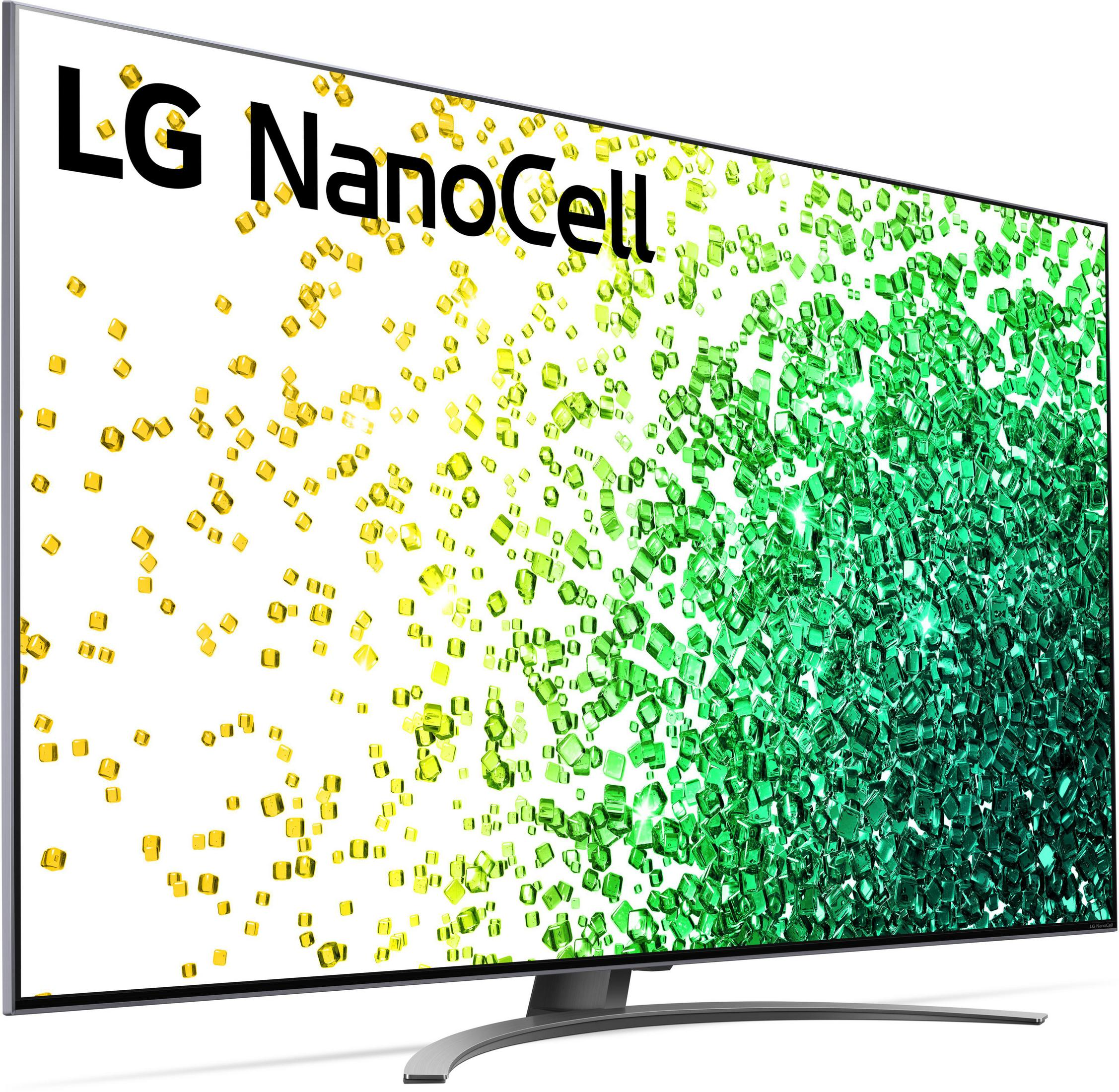 Telewizor LG NanoCell z zakrzywioną podstawą. Ekran wyświetla kolorowy wzór abstrakcyjny.
