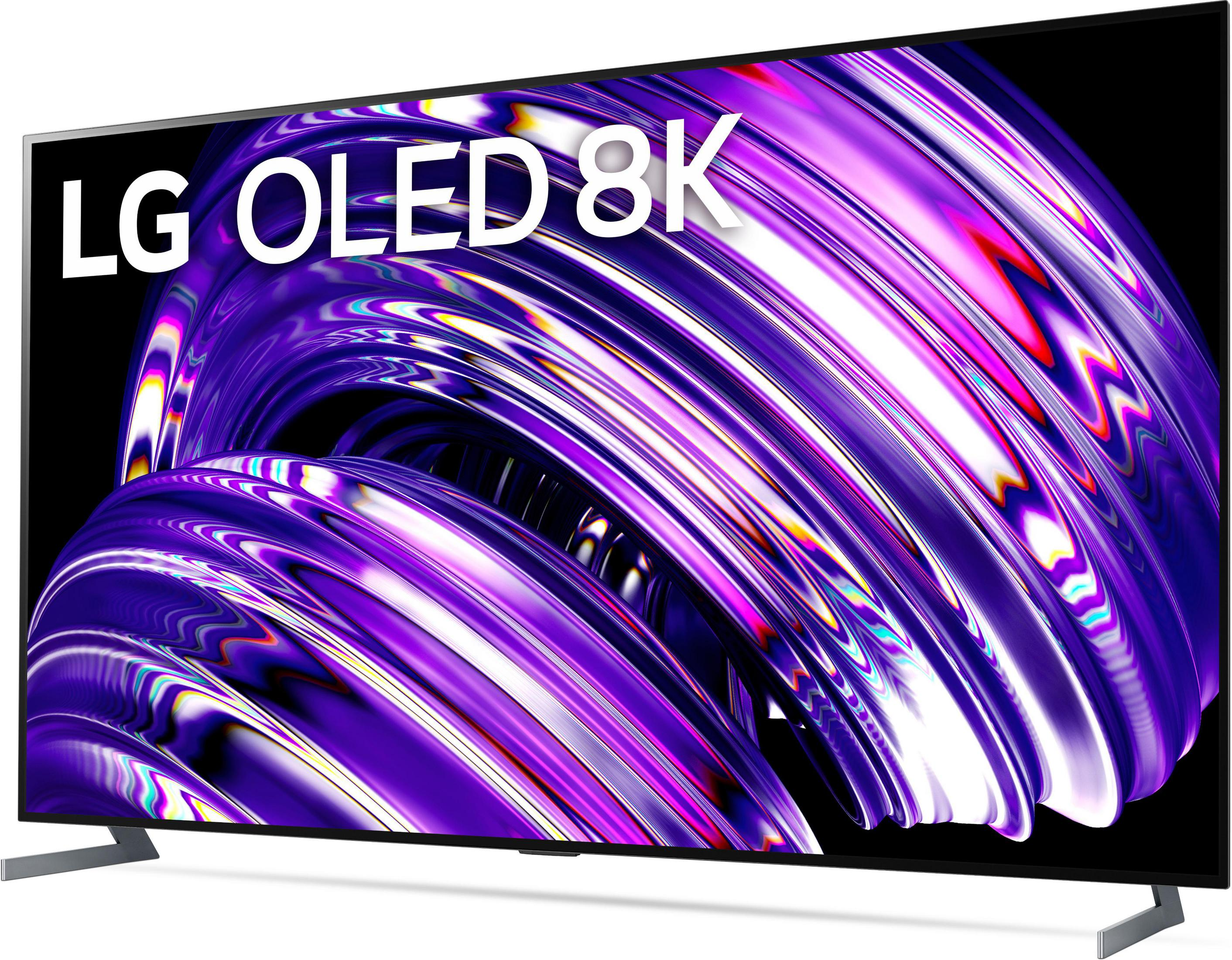 Un televisor LG OLED 8K con un diseño abstracto vibrante en morado y blanco en la pantalla.
