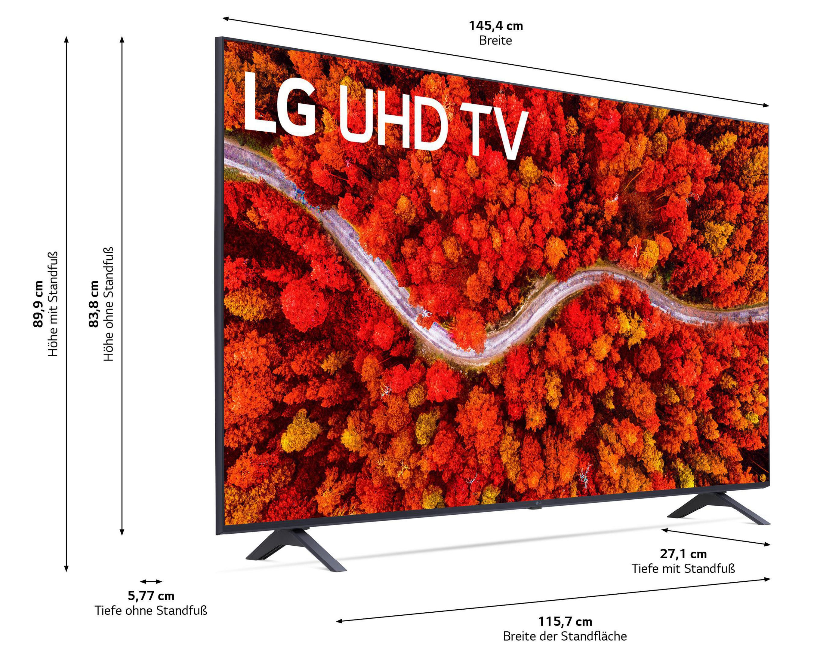 Telewizor LG UHD z wymiarami, pokazujący wysokość, szerokość i szczegóły podstawy.