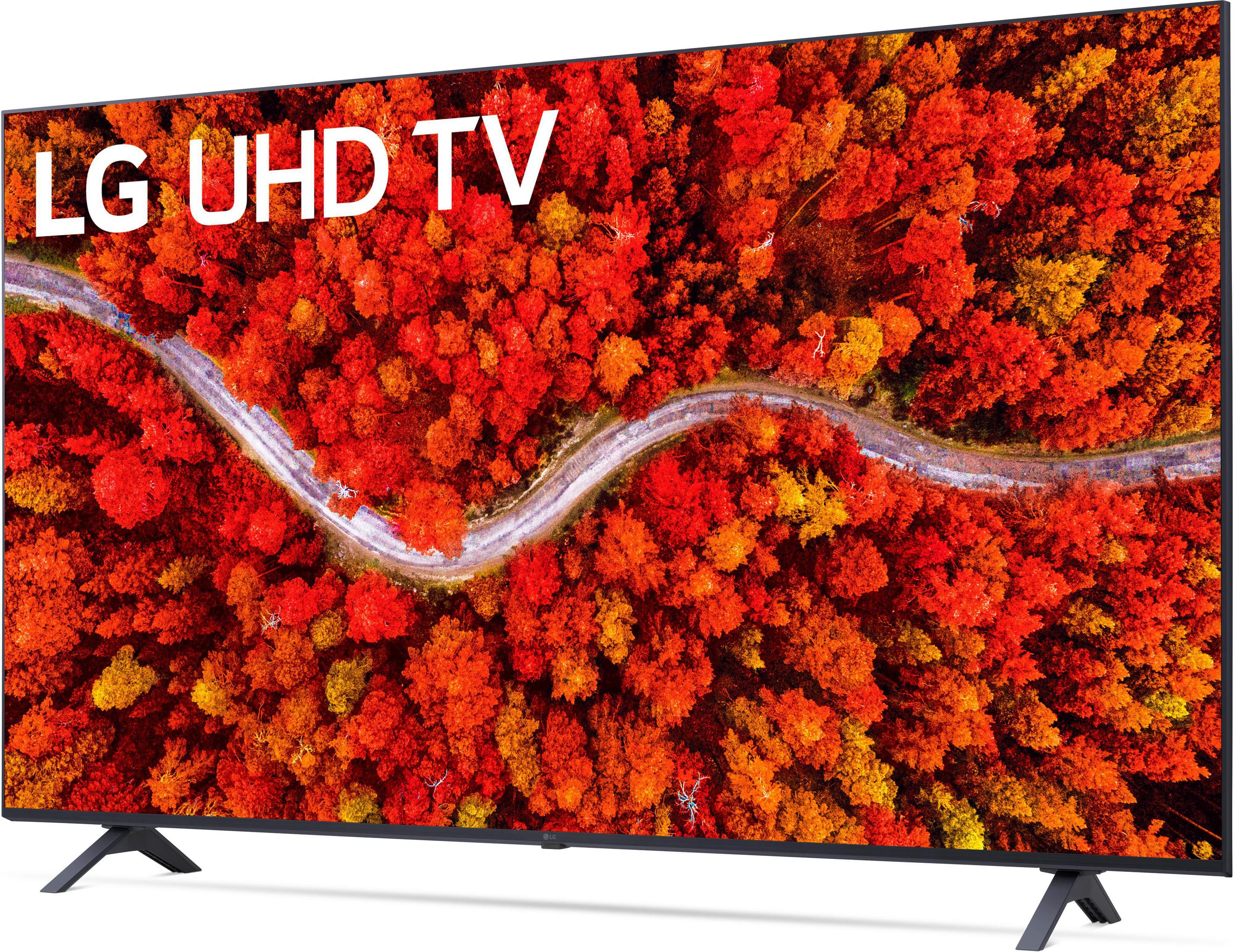 Nowoczesny telewizor z żywym widokiem z lotu ptaka na las w jesiennych barwach, od LG UHD TV.