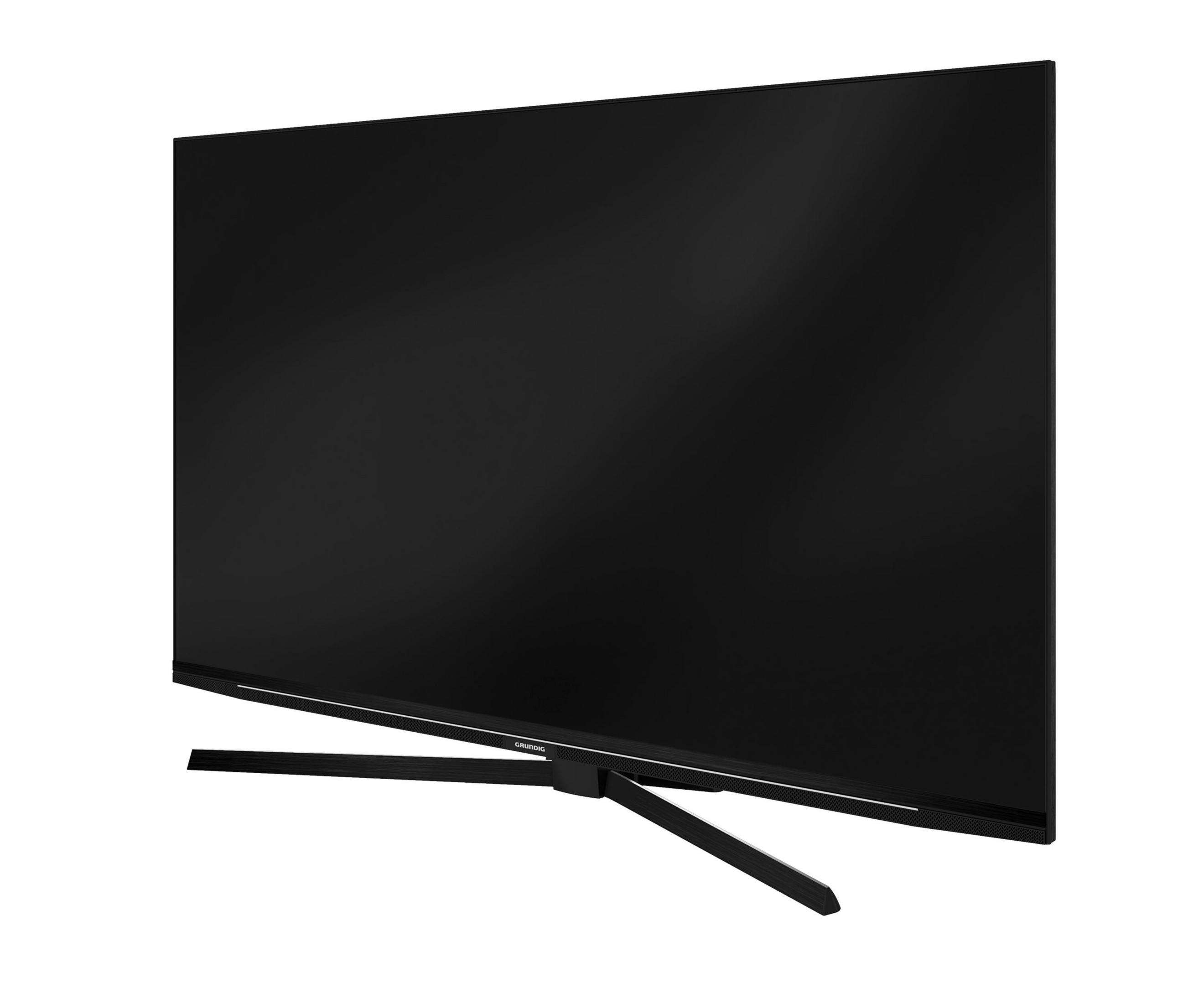TV noir, vue en angle, fond blanc.