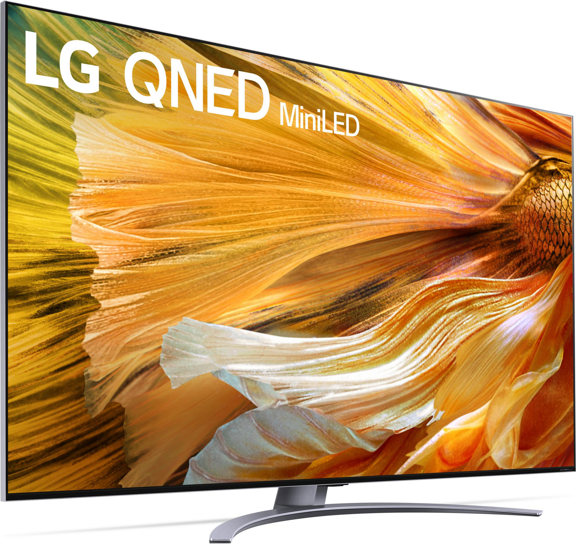 Telewizor LG QNED MiniLED wyświetla kolorowy obraz z żółtymi i pomarańczowymi kształtami.
