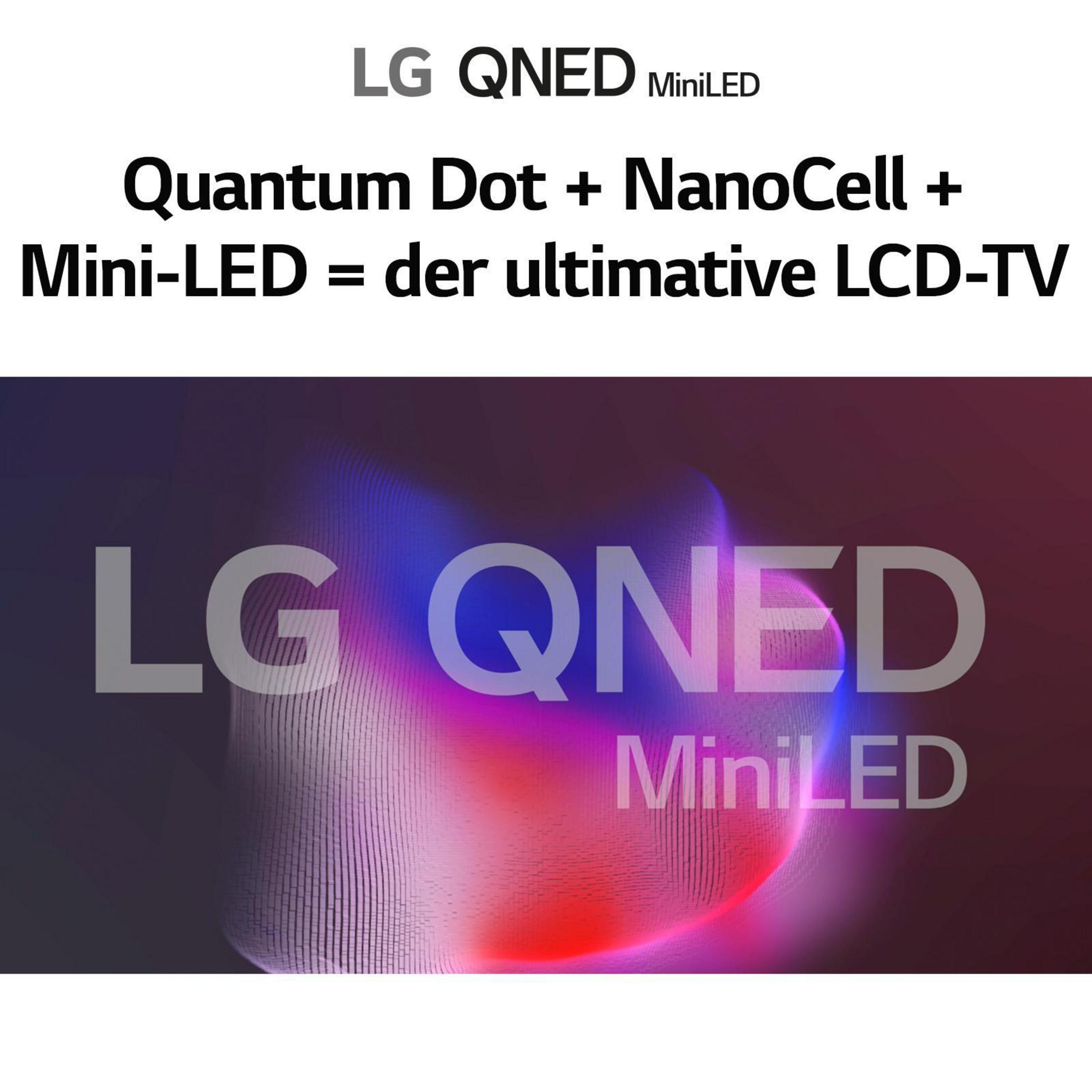 Telewizor LG QNED MiniLED z tekstem graficznym. Tło ma kolorowy, abstrakcyjny wzór.