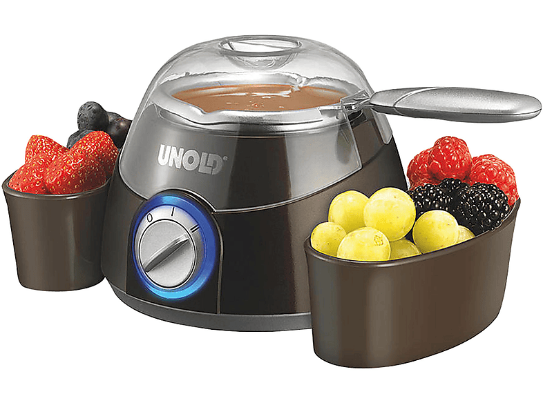 Unold 48667 Chocolatier, Schokobrunnen, Schokofondue Inkl. 6 Gießformen, 25 W, 2 Heizstufen, zum Schmelzen von Kuvertüre, Pralinenherstellung, Warmhalten (braun/silber