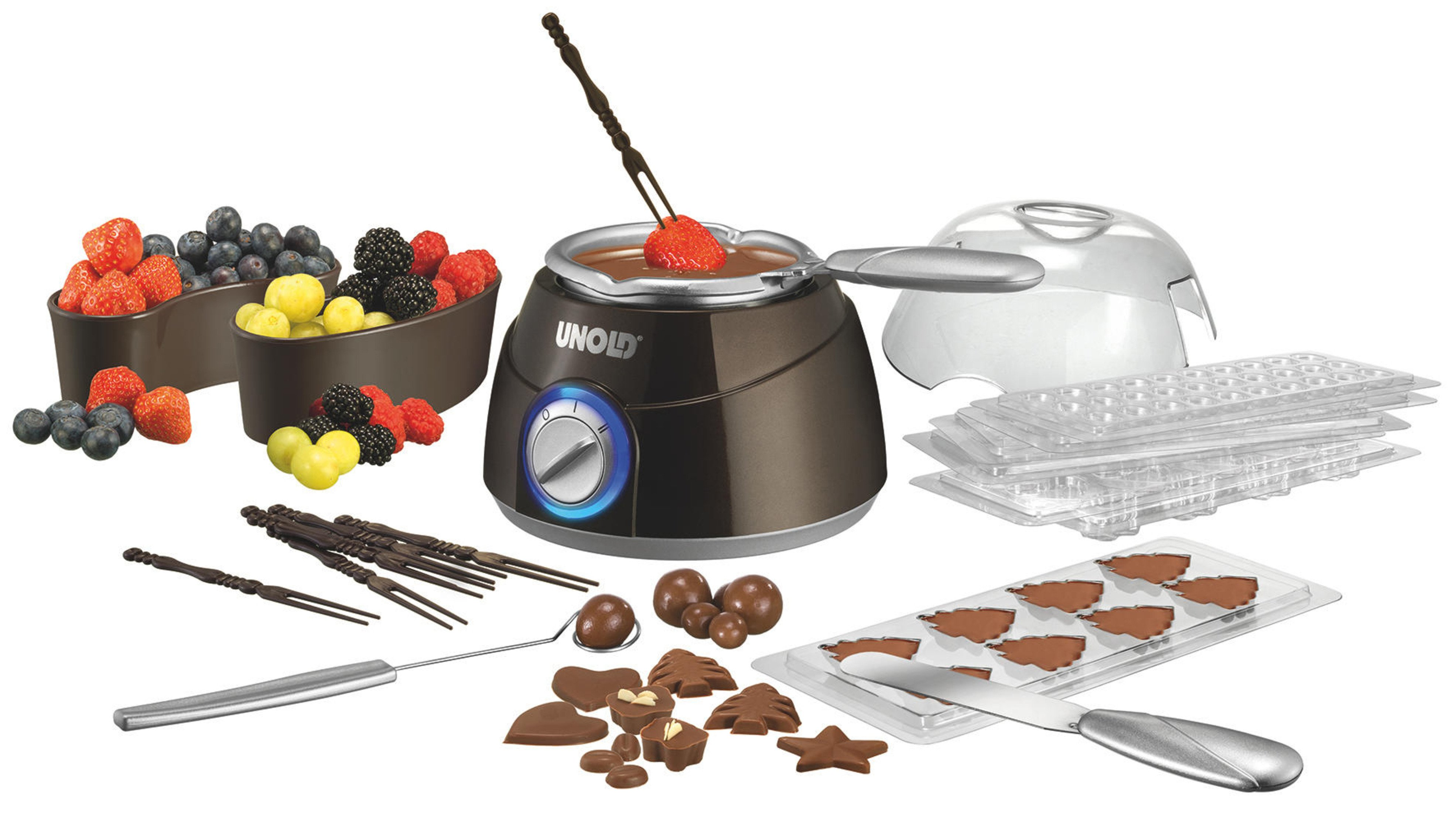 Schokoladen-Fondue-Set mit Früchten und Schokoladenformen.