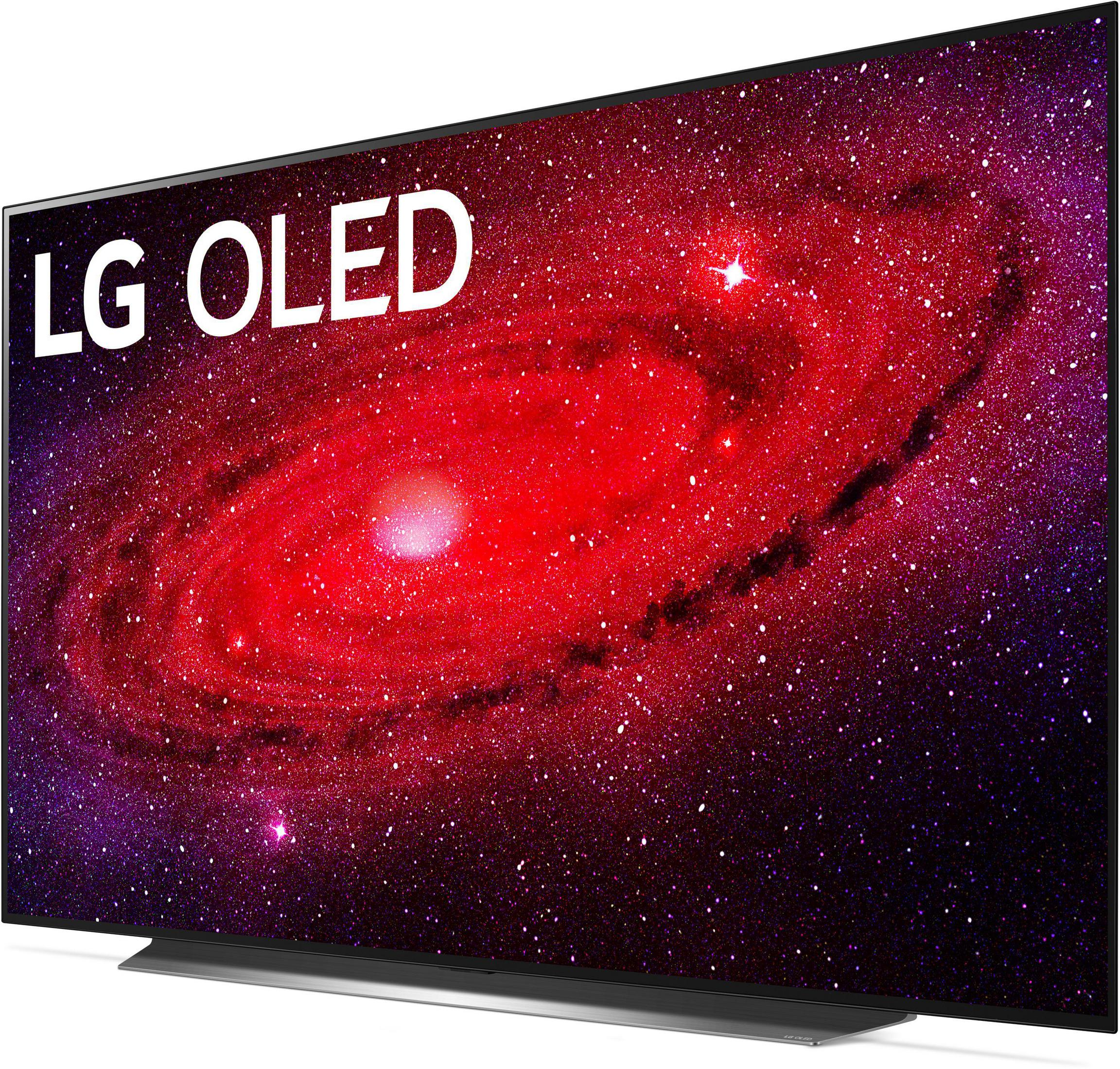 Telewizor LG OLED wyświetla czerwoną galaktykę z białym tekstem, "LG OLED".