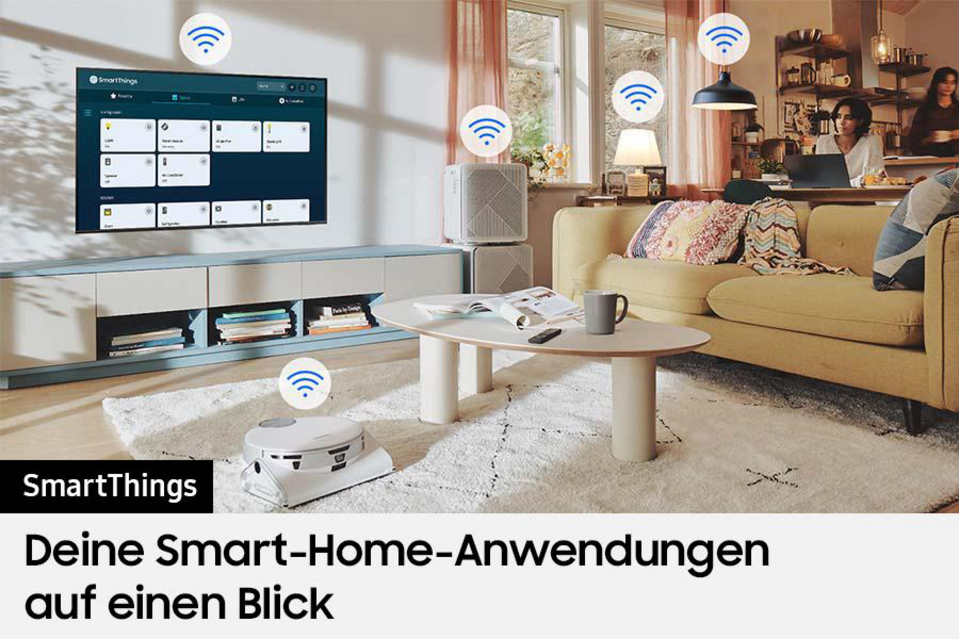 Scena w salonie z telewizorem wyświetlającym interfejs SmartThings, symbole Wi-Fi i ludzi.