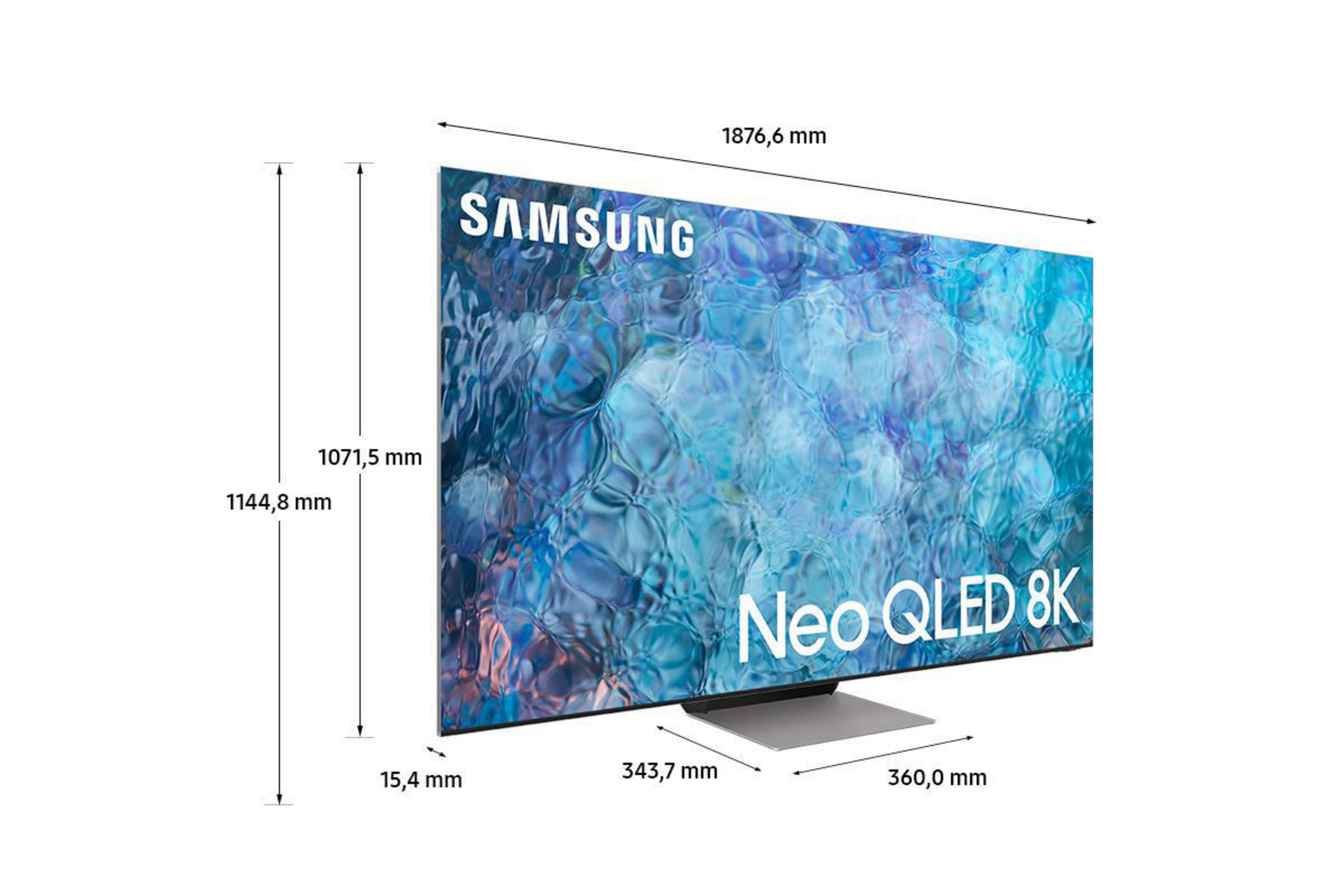 Samsung Neo QLED 8K TV, pokazujący wymiary. Srebrna podstawa, widok z boku.