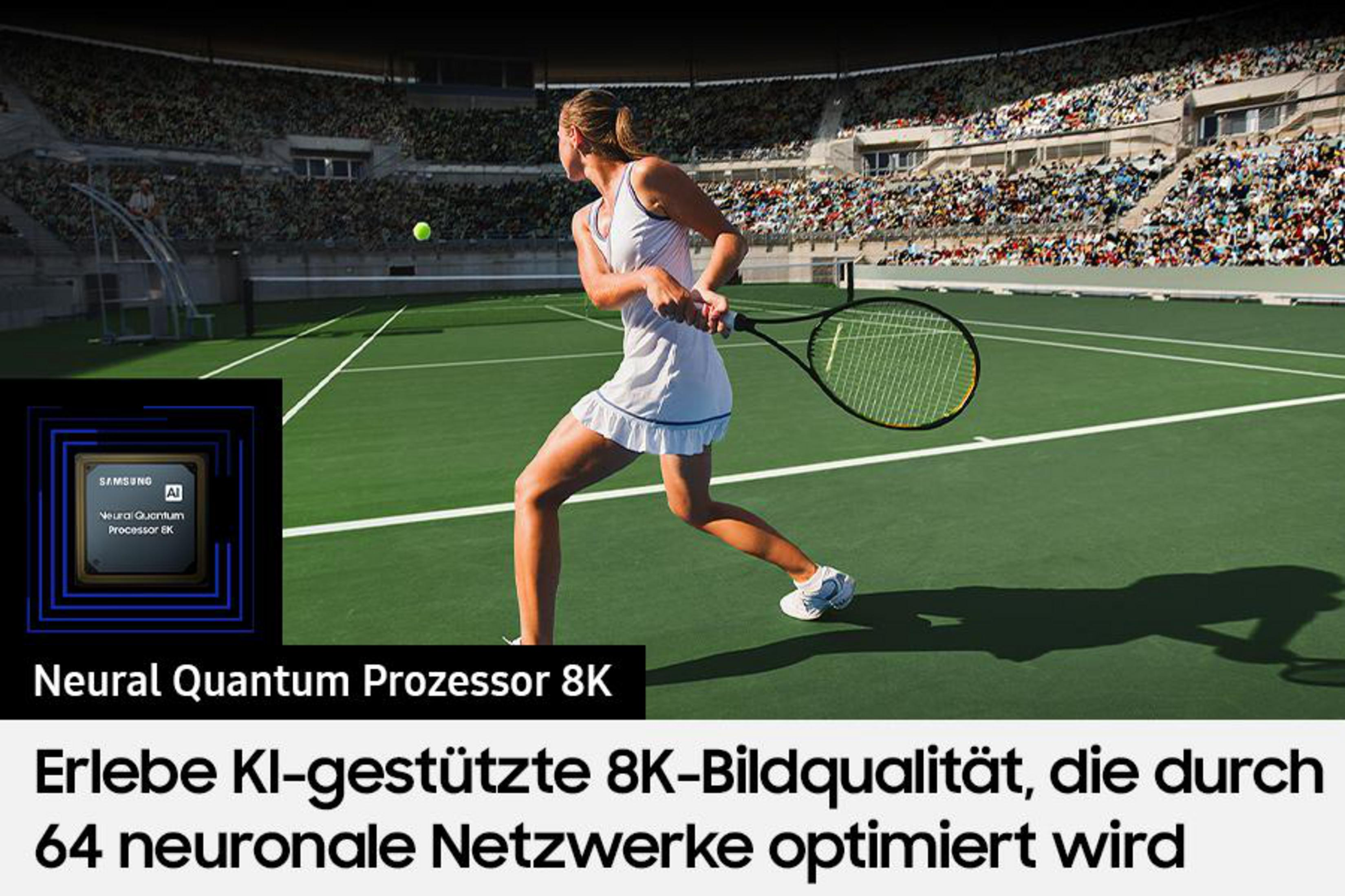 Kobieta w stroju tenisowym wymachuje rakietą na zielonym korcie. Logo Samsung AI w rogu.