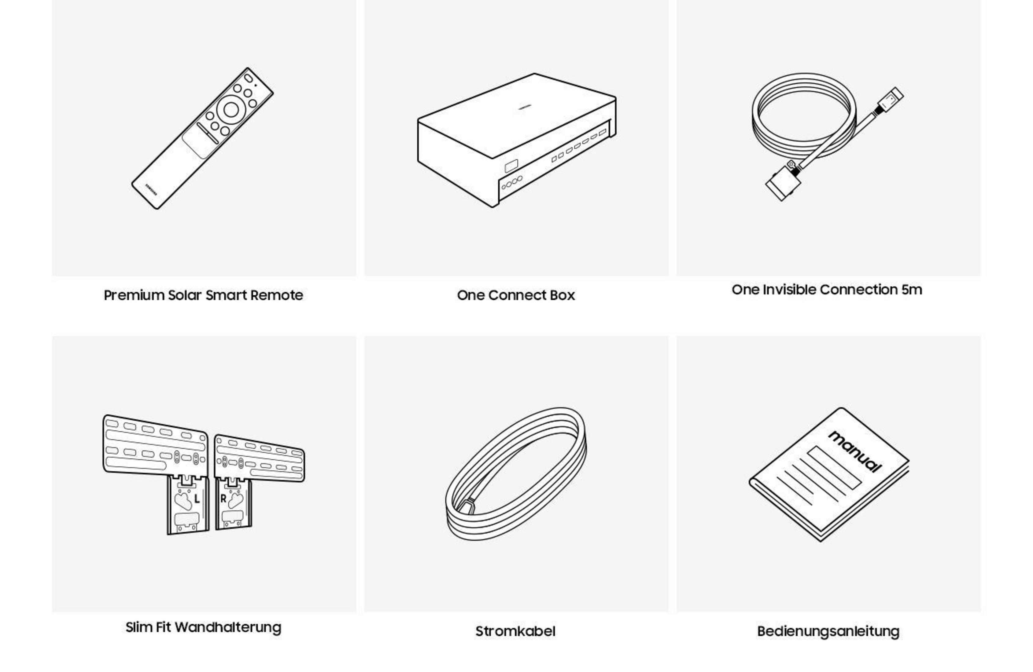 TV-Zubehör: Fernbedienung, Box, Kabel, Wandhalterung, Kabel und Handbuch.