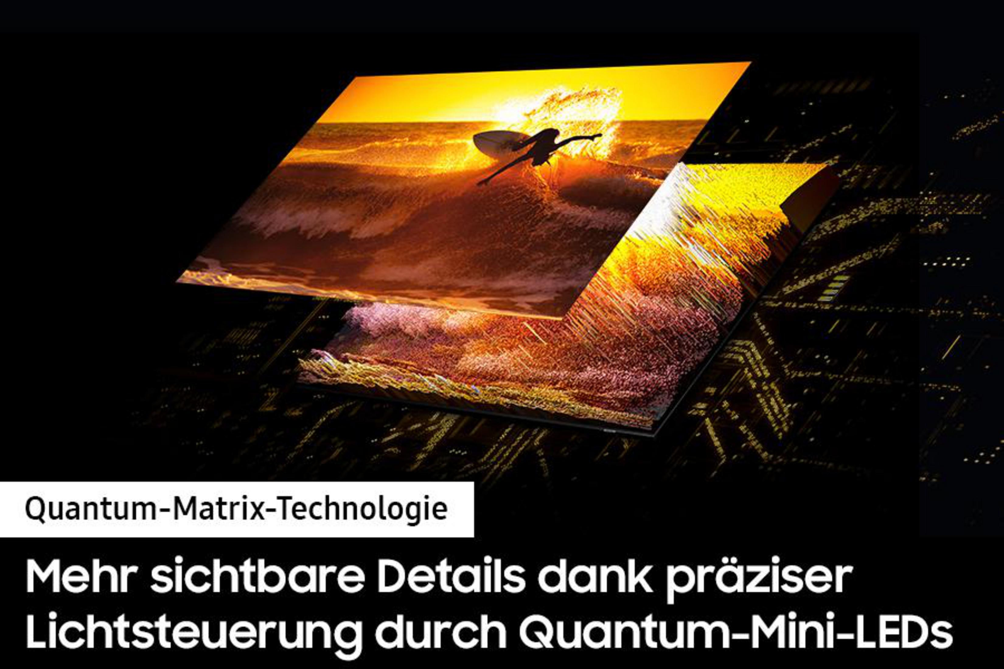 Reklama telewizora, ze zdjęciem surfera na fali i tekstem o Quantum-Matrix-Technologie.