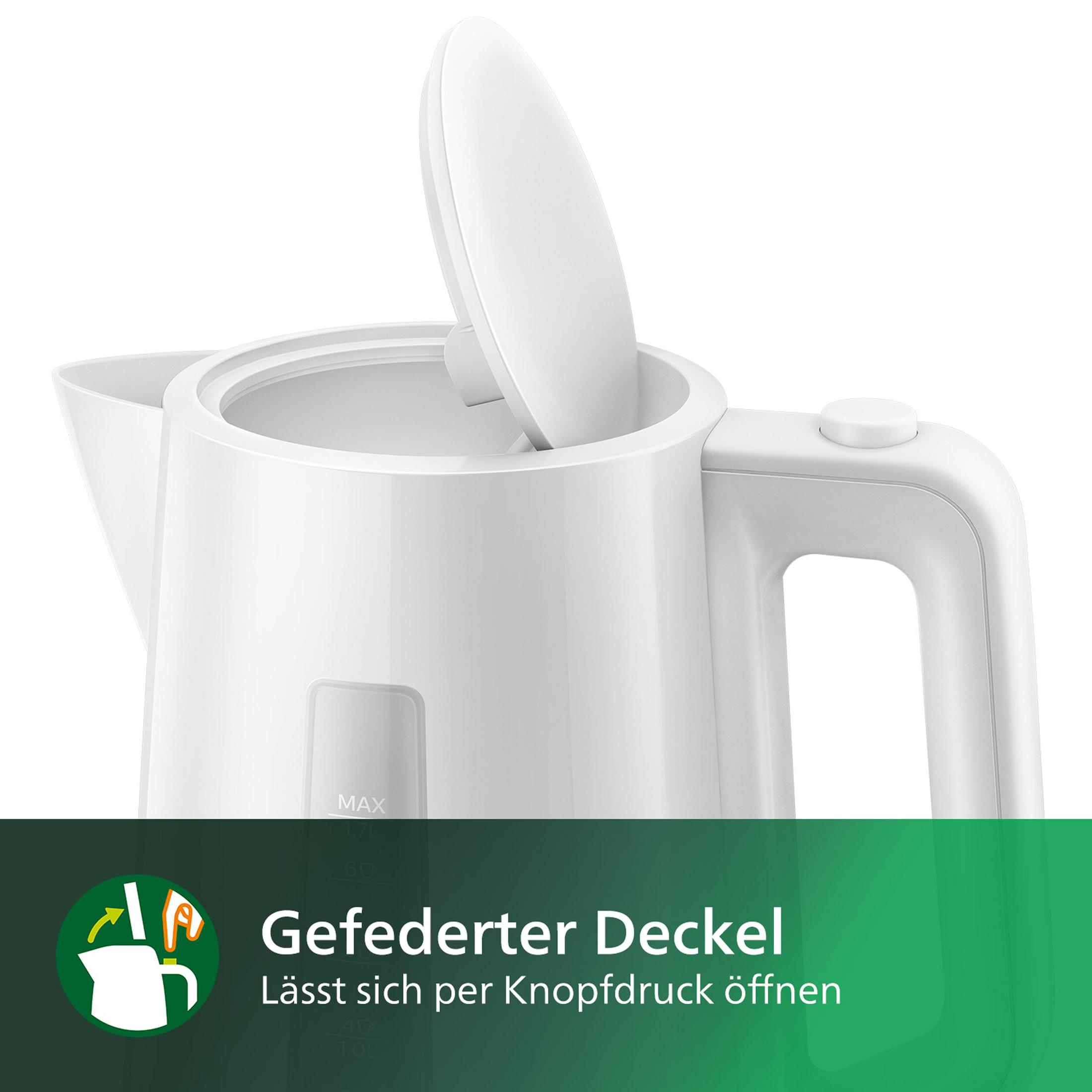 Weißer Wasserkocher mit offenem Deckel. Text: 'Federdeckel. Öffnet sich per Knopfdruck'.