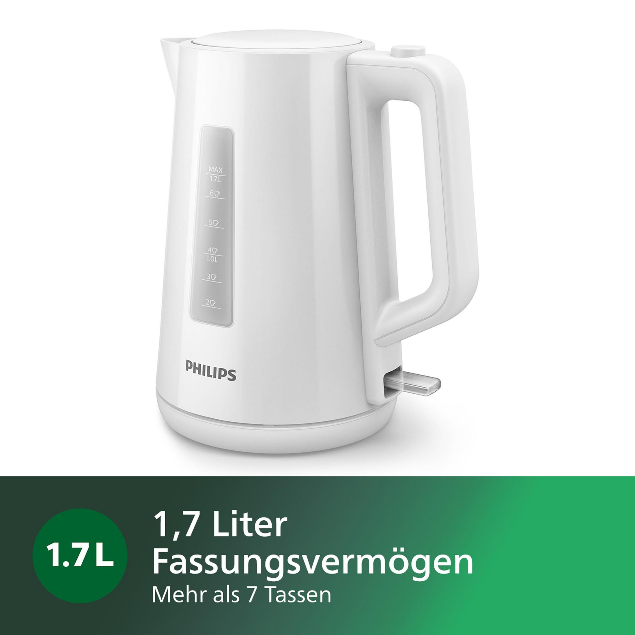 Weißer elektrischer Wasserkocher mit einem Fassungsvermögen von 1,7 l und einem weißen Griff. Philips-Marke.