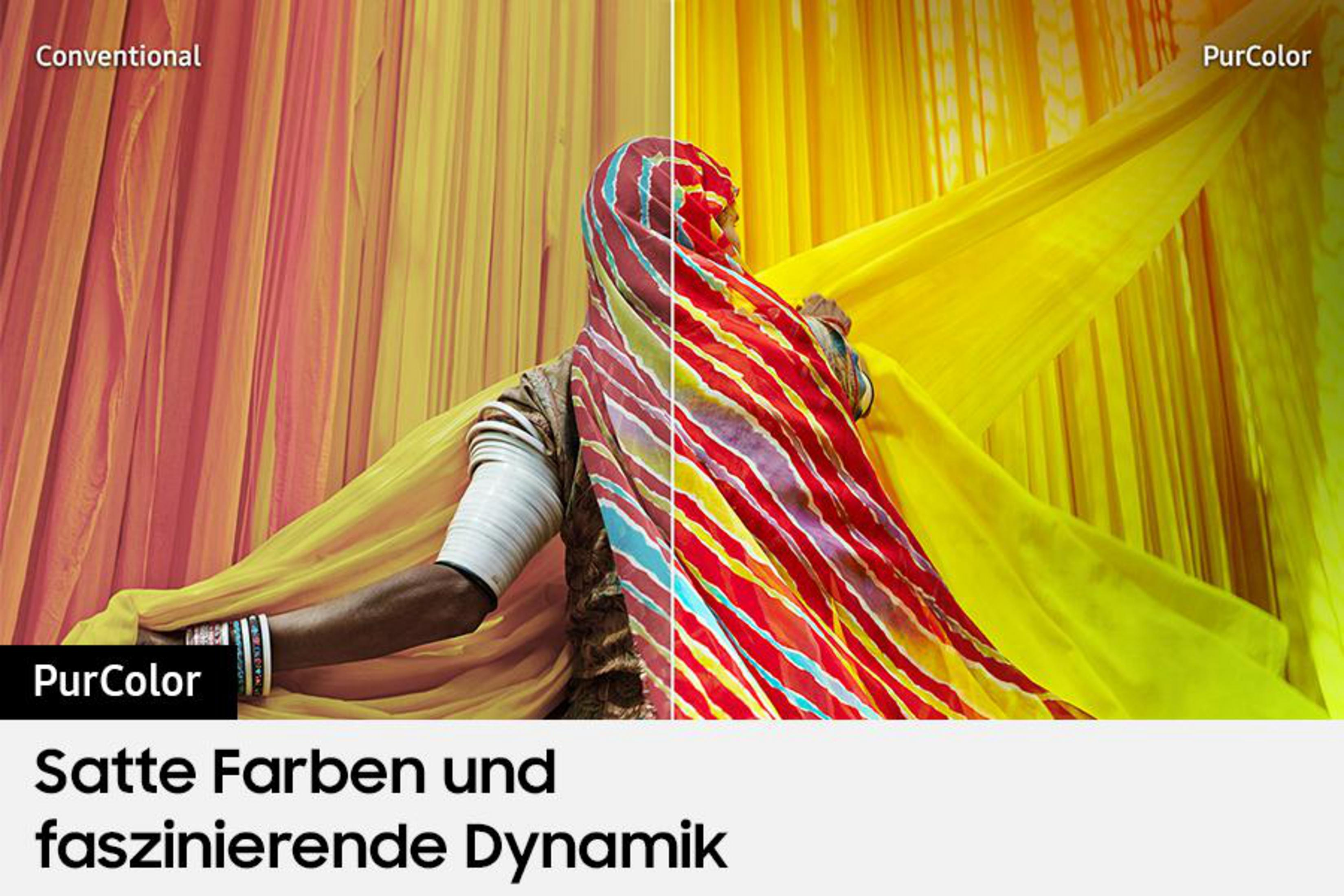 Kobieta w kolorowym stroju, żółty materiał w tle, podzielony ekran prezentujący technologię koloru.