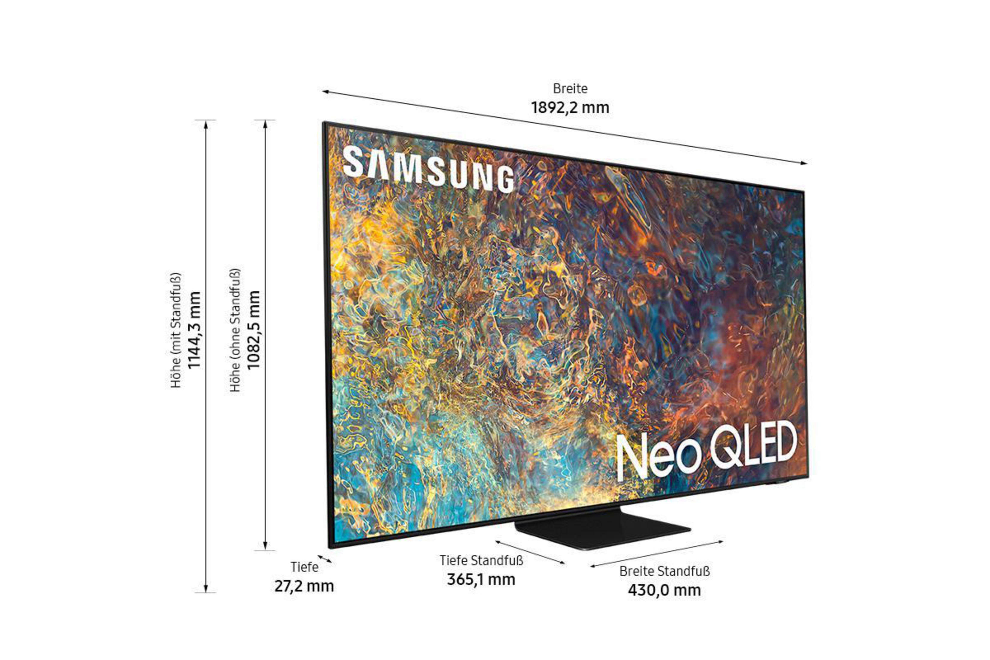 Samsung Neo QLED TV. Seitenansicht des Fernsehers mit Abmessungen und dem Neo QLED Logo.