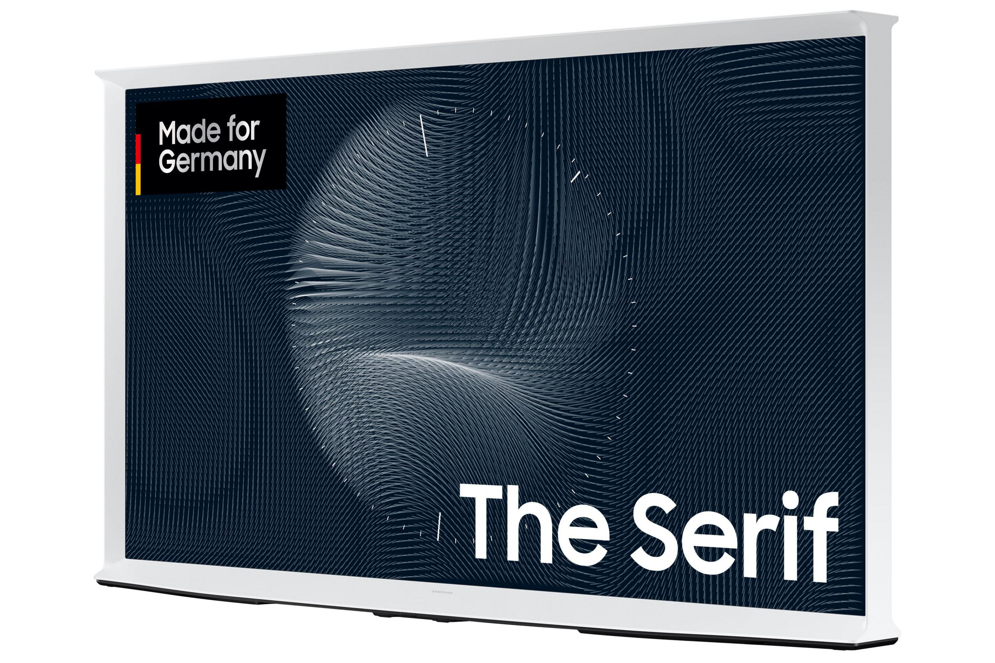 Biały telewizor Samsung The Serif z abstrakcyjnym wzorem, białą ramą i podstawą.