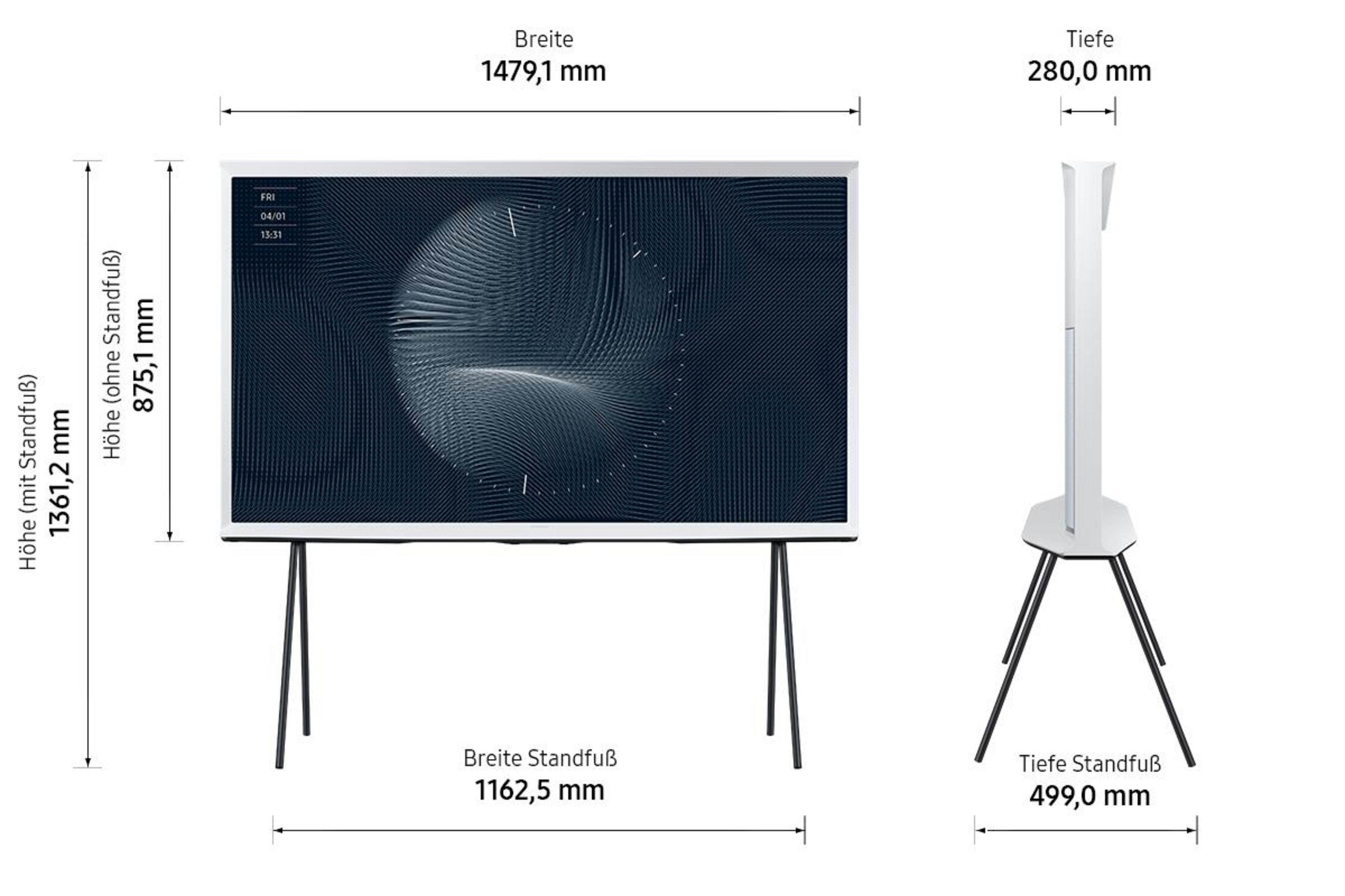 Schemat telewizora Samsung The Frame z wymiarami.