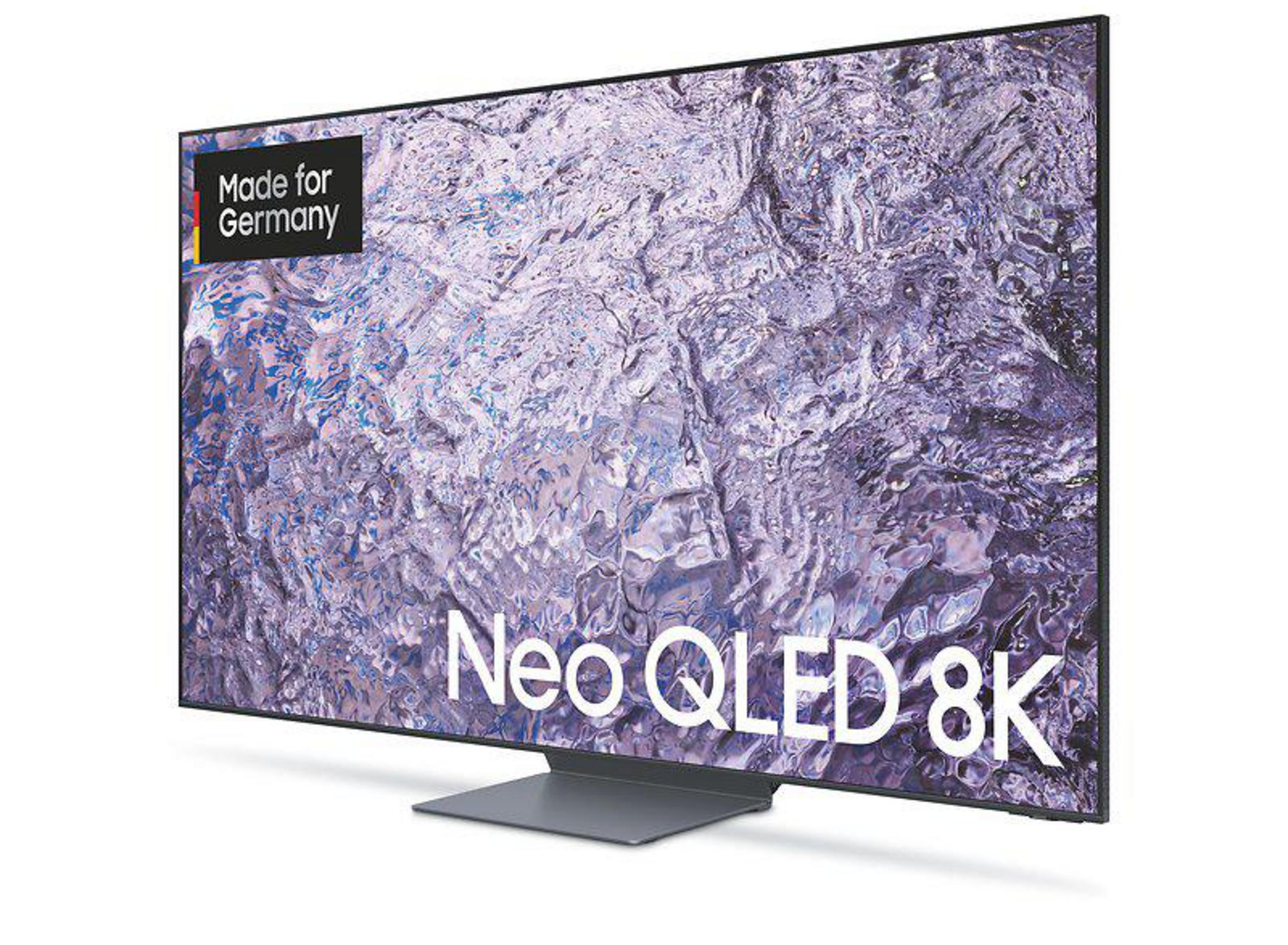 Telewizor Neo QLED 8K z etykietą 'Made for Germany', na białym tle.
