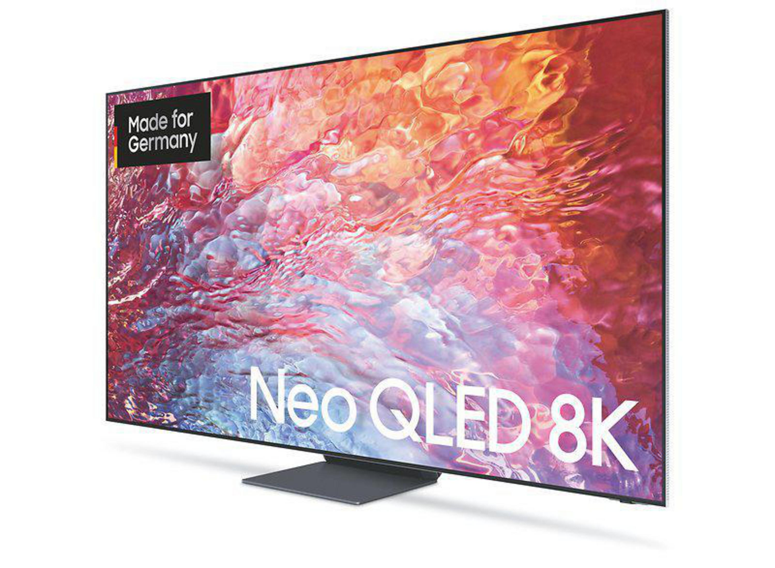 Telewizor Samsung Neo QLED 8K z kolorowym wyświetlaczem. Etykieta Made for Germany.
