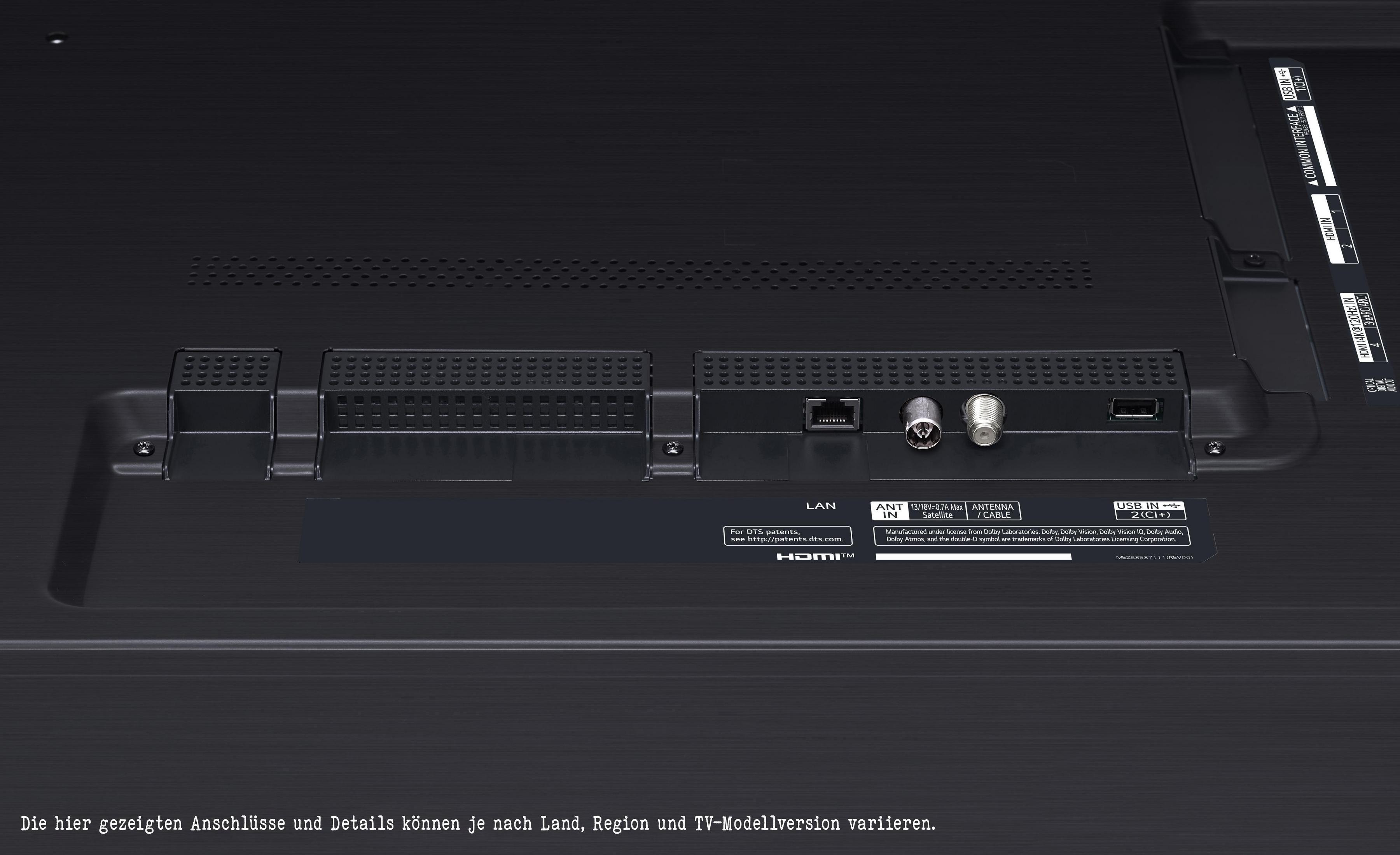 Zbliżenie tylnego panelu telewizora. Wyświetla różne porty i typy połączeń dla audio, wideo i zasilania.