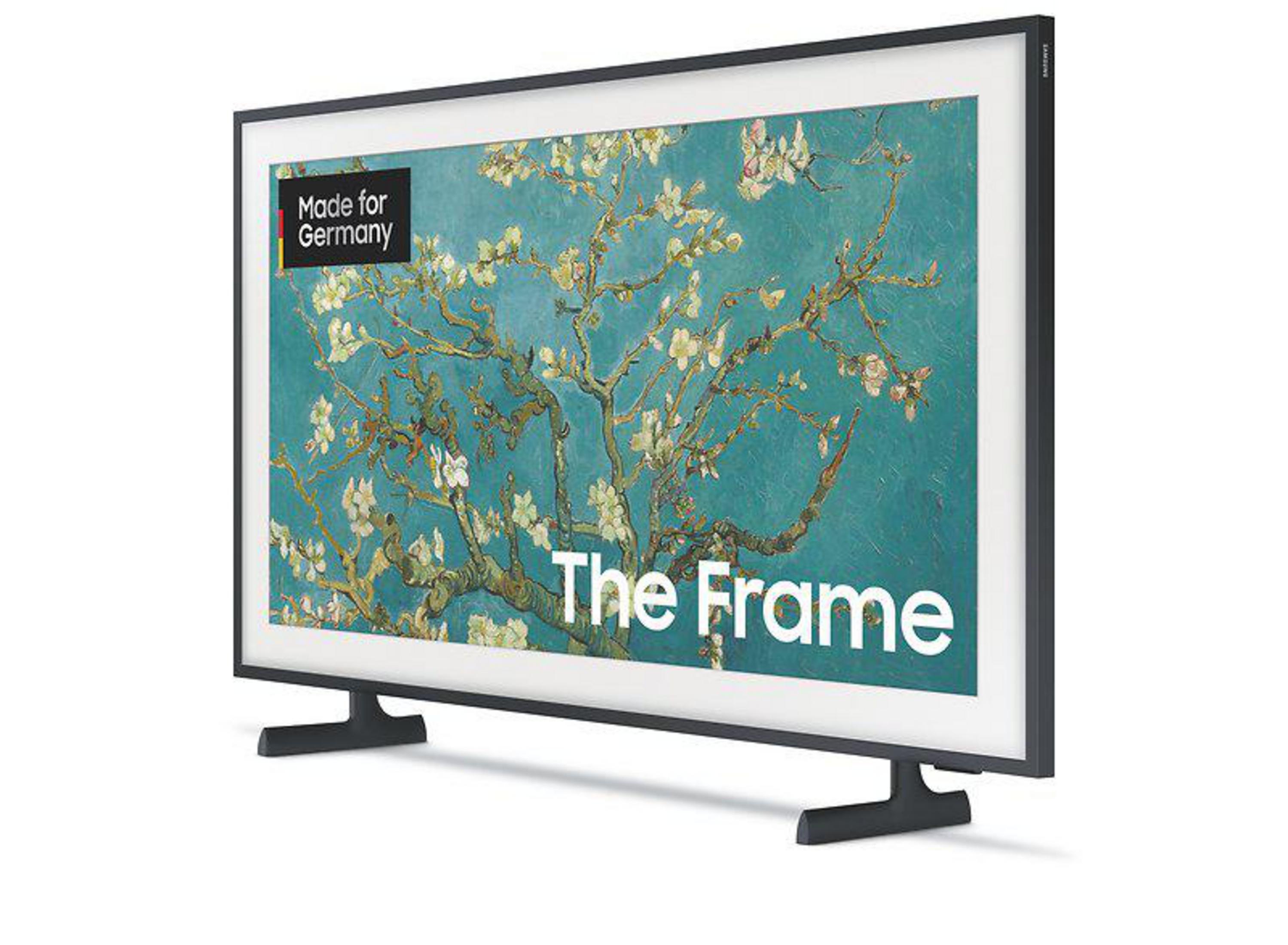 Telewizor Samsung Frame z obrazem, czarną ramą na podstawie.