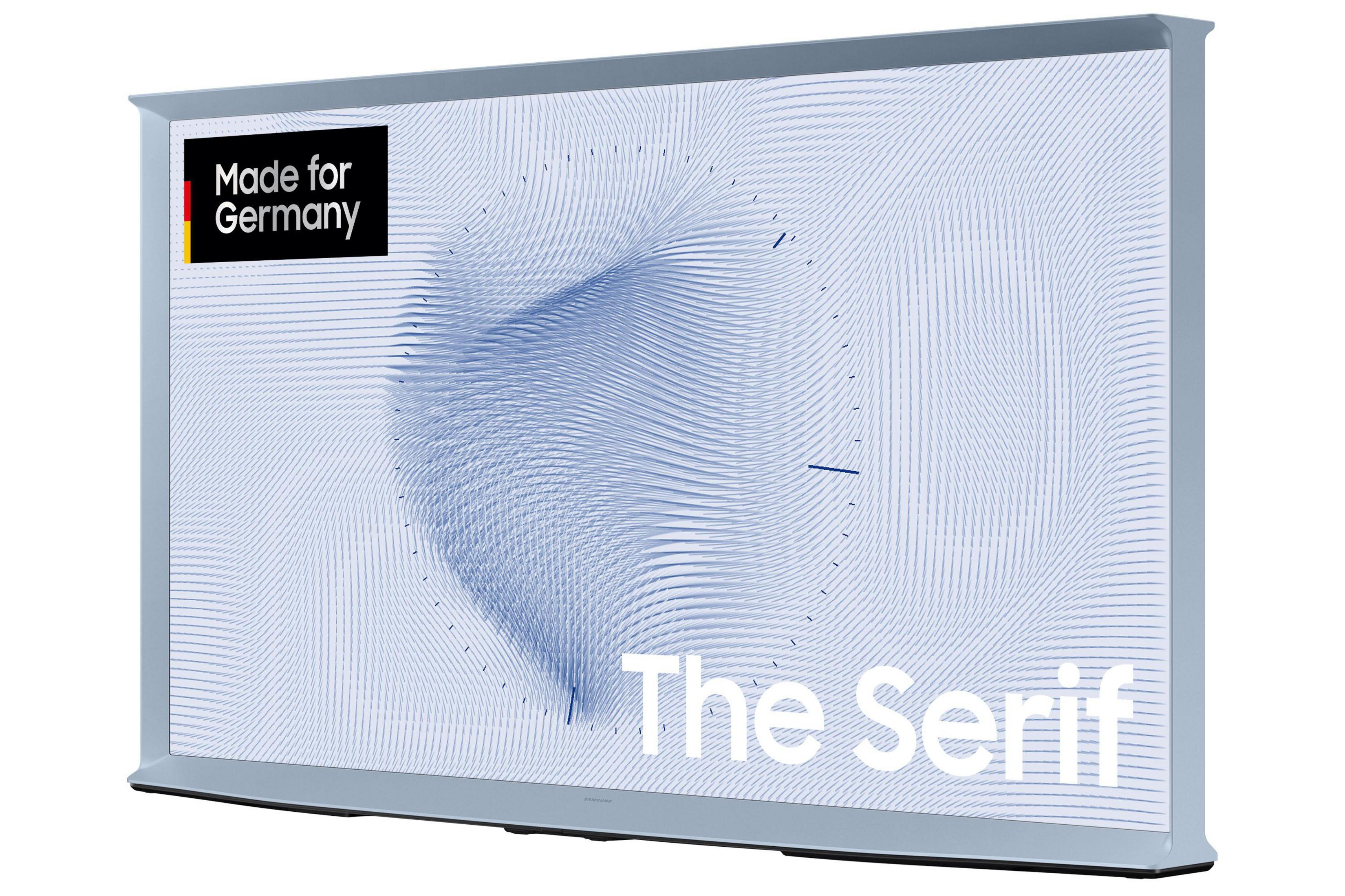 Telewizor Serif wyświetla jasnoniebieski abstrakcyjny wzór. Telewizor ma jasnoniebieską ramkę.