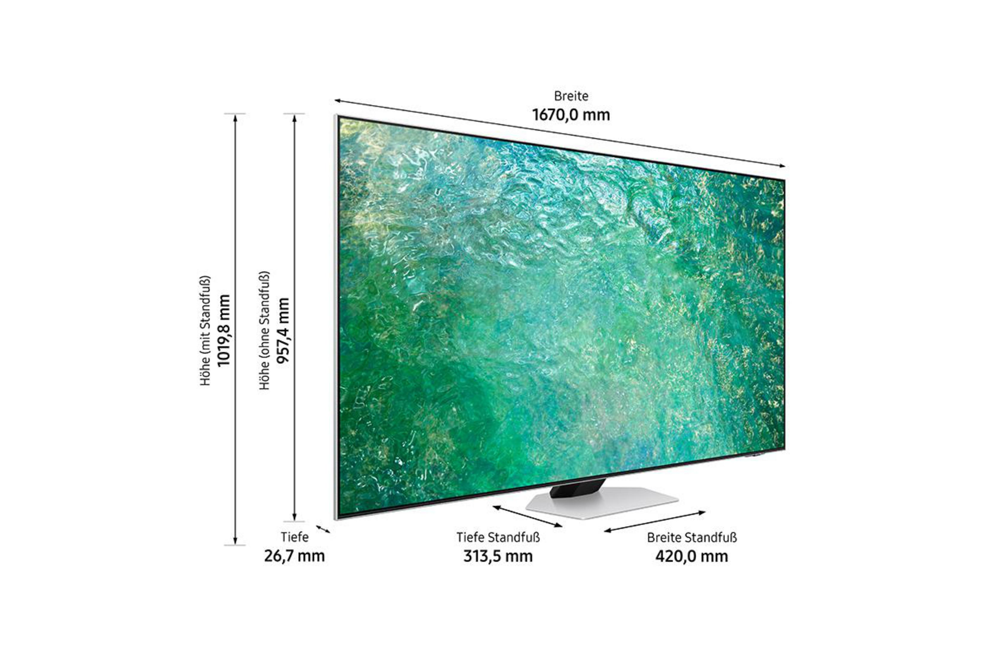 Widok z boku dużego telewizora Samsung, z wymiarami w języku niemieckim.