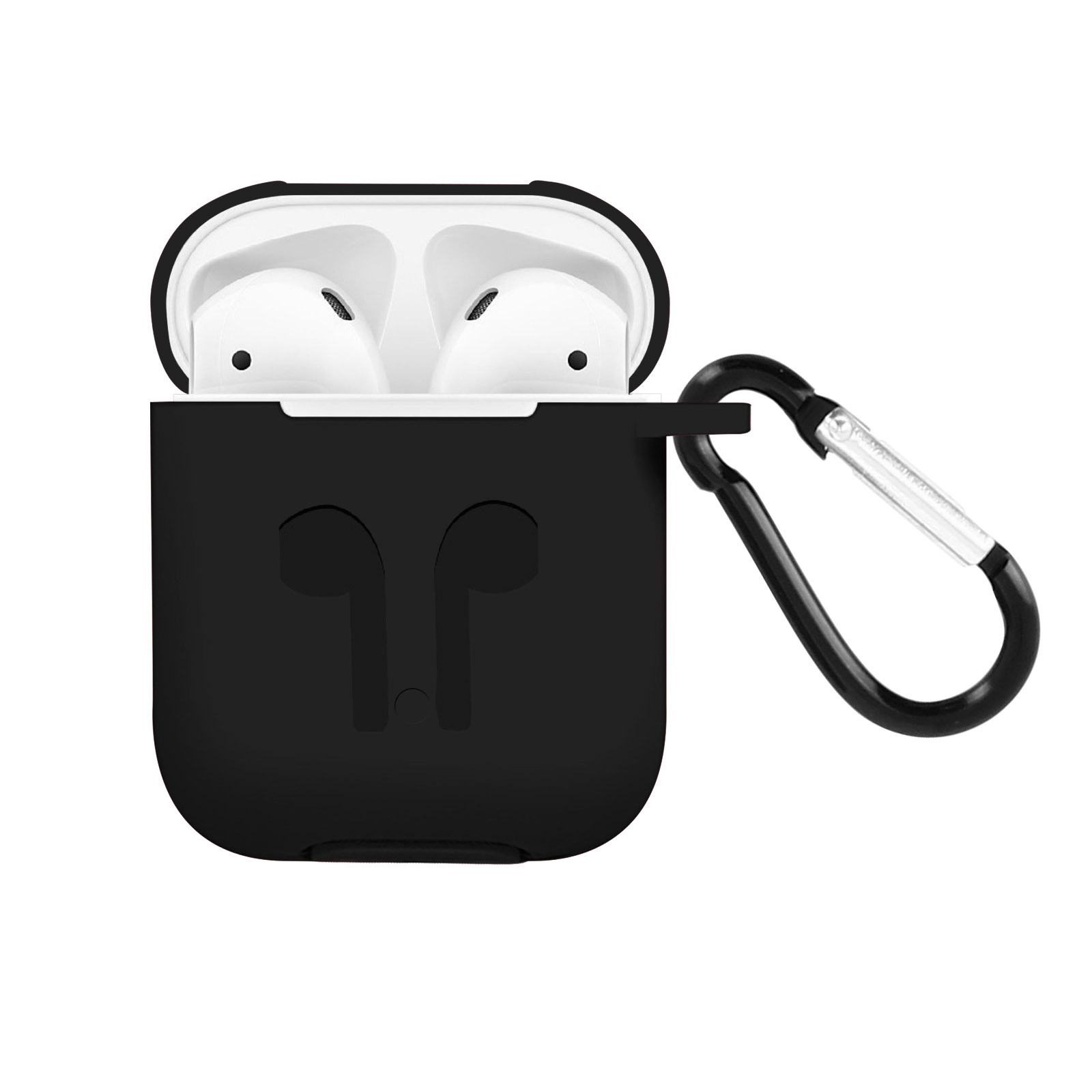 Estuche negro abierto con auriculares blancos dentro y mosquetón plateado.