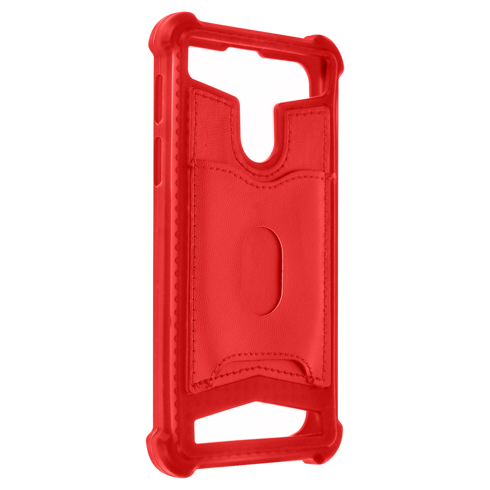 Custodia protettiva rossa per telefono con fessure per carte su sfondo bianco.