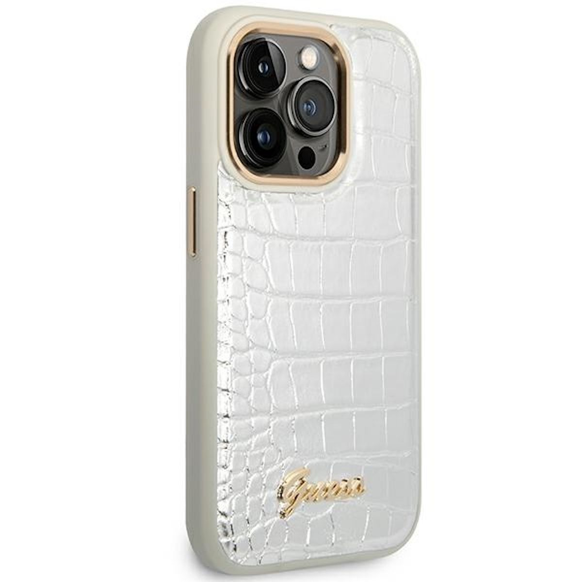 Weißes Handycase mit silbernem Krokodilmuster, goldenen Akzenten und Guess-Logo.