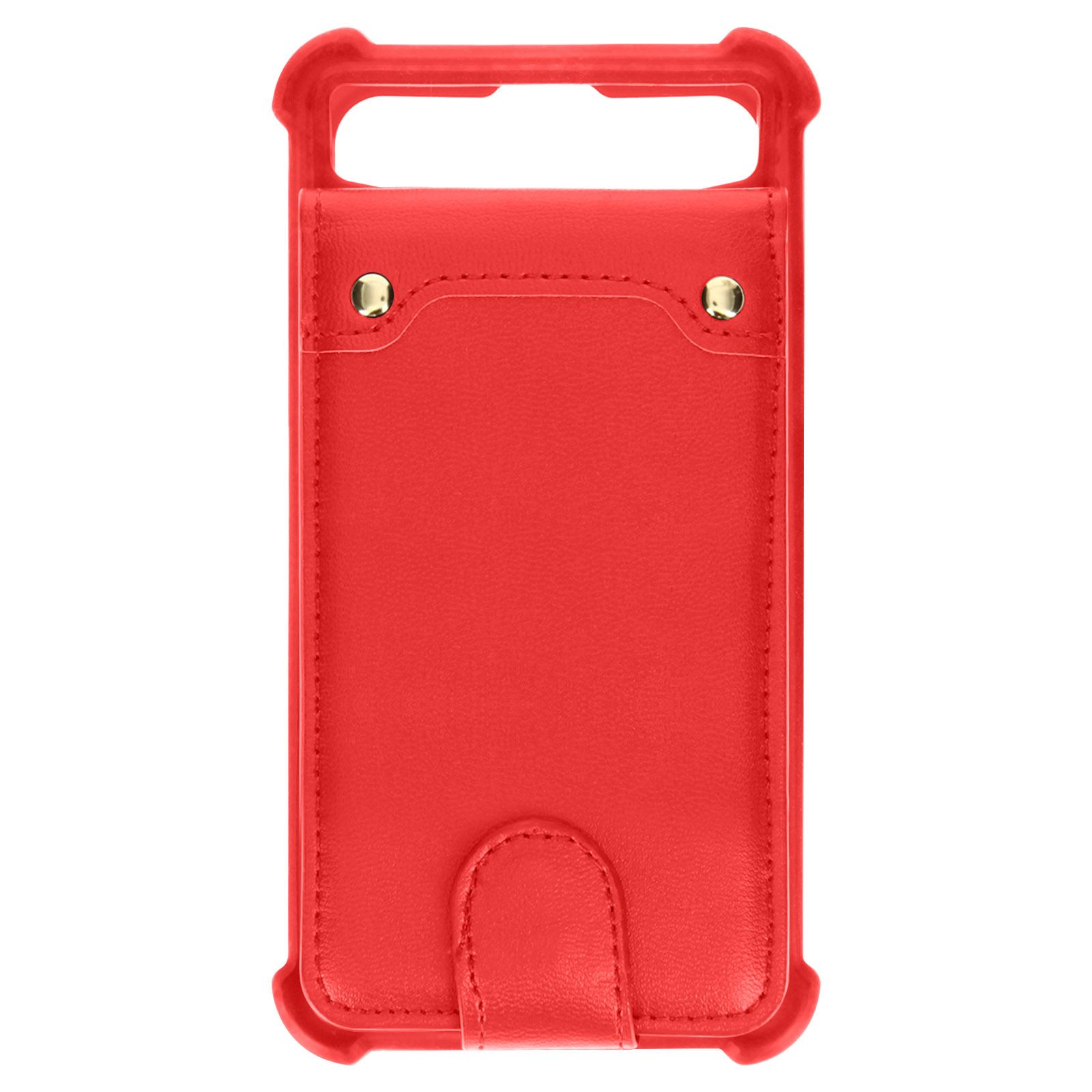 Una custodia per telefono in pelle rossa con fessura per carte, borchie dorate e chiusura con fibbia. La custodia è nuova.
